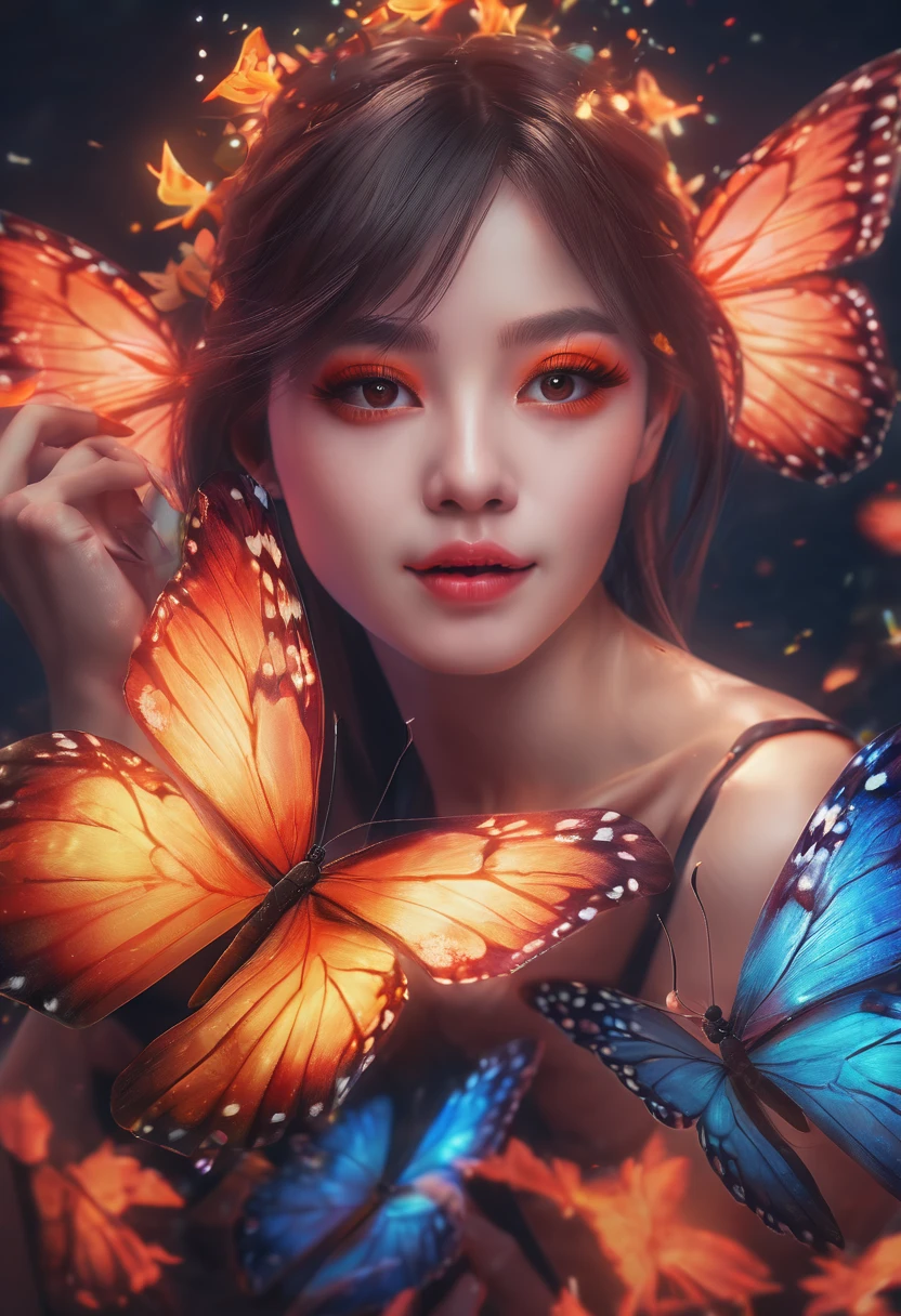 (best quality,4k,8k,highres,masterpiece:1.2), ultra-detailed, realistic, vibrant colors, HDR, studio lighting, vivid butterfly, fiery flames, Loim, beautifully vibrant colors, energetic girl, enchanting smile, dynamic pose, colorful wings, fluttering butterfly, lovely expression