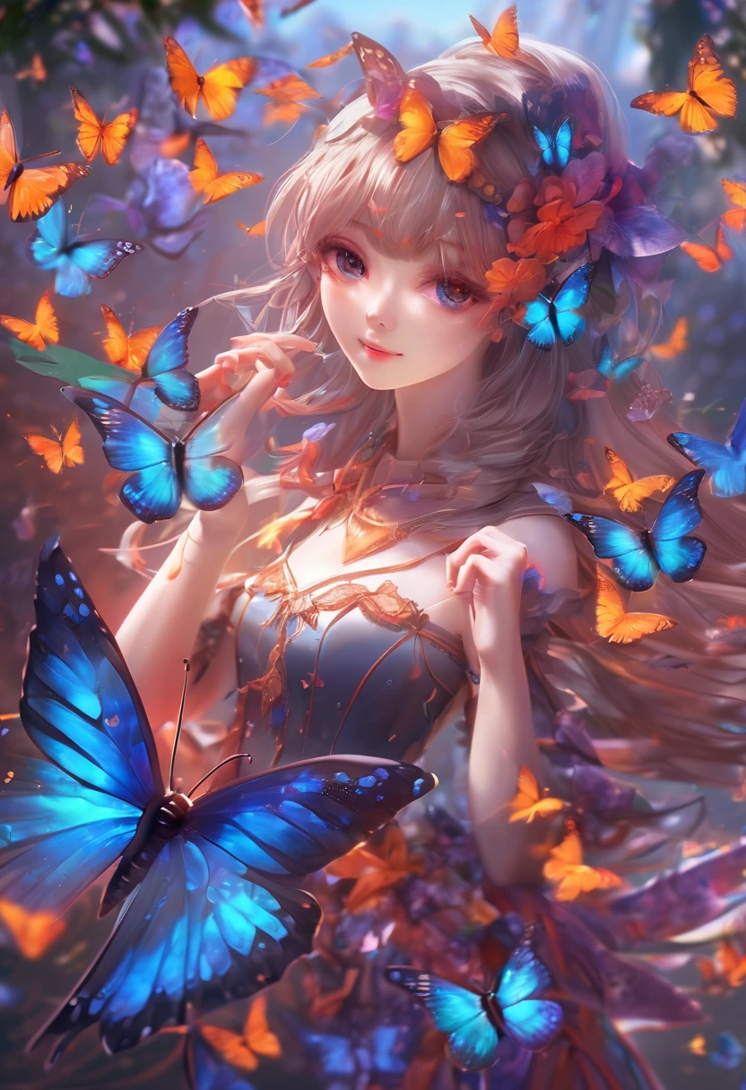 (best quality,4k,8k,highres,masterpiece:1.2), ultra-detailed, realistic, vibrant colors, HDR, studio lighting, vivid butterfly, fiery flames, Loim, beautifully vibrant colors, energetic girl, enchanting smile, dynamic pose, colorful wings, fluttering butterfly, lovely expression