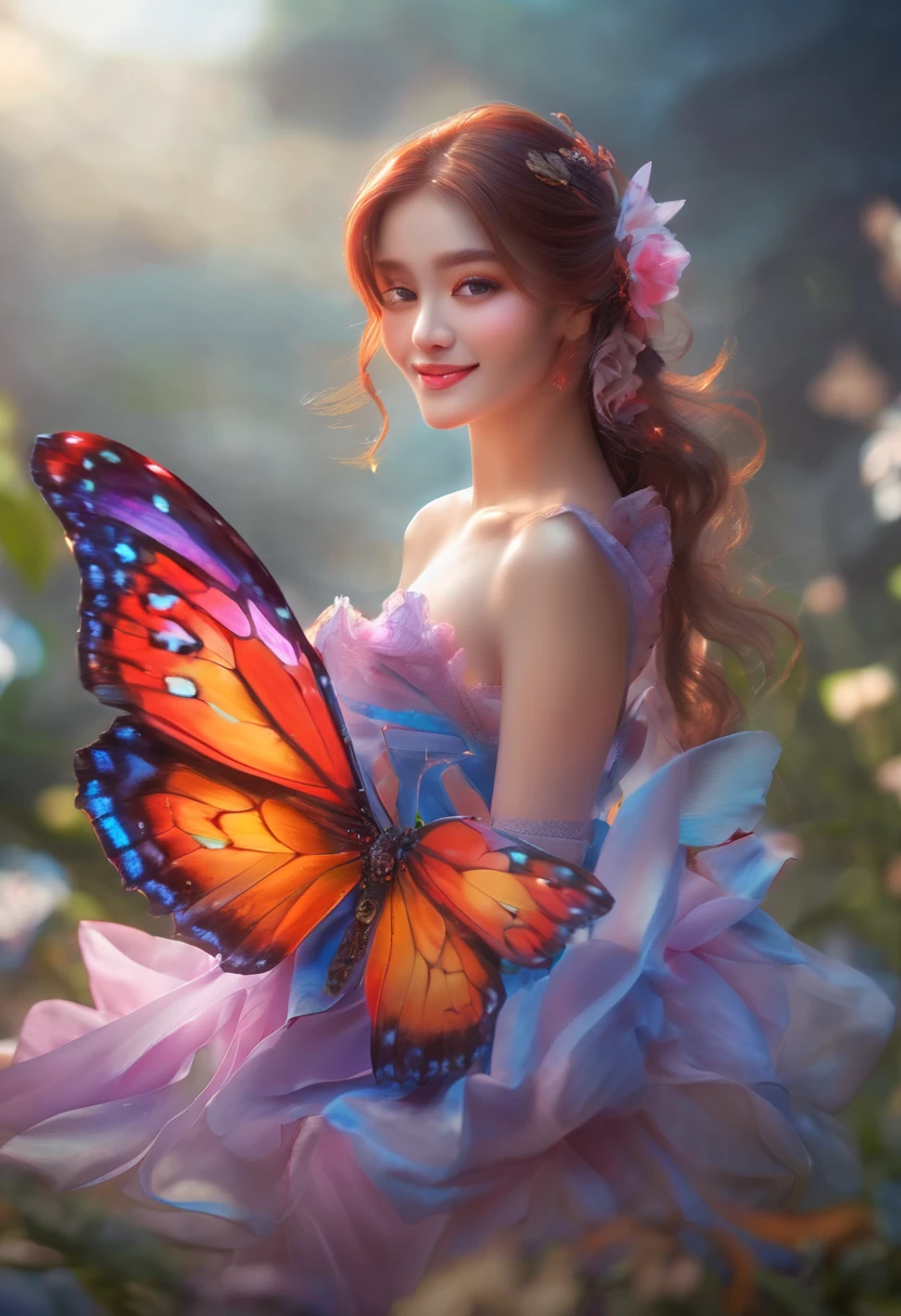 (best quality,4k,8k,highres,masterpiece:1.2), ultra-detailed, realistic, vibrant colors, HDR, studio lighting, vivid butterfly, fiery flames, Loim, beautifully vibrant colors, energetic girl, enchanting smile, dynamic pose, colorful wings, fluttering butterfly, lovely expression