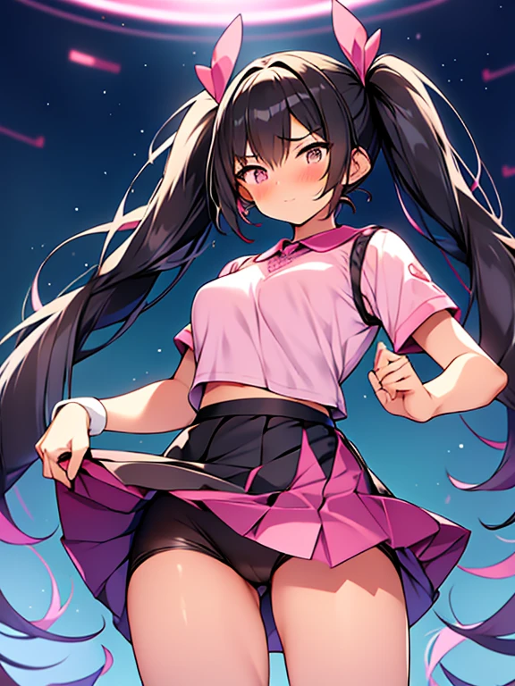 Tall Giantess, athleic, muscly, cute gentle magical girl with twintail black hair, pink clothes, (skirt:1.5)