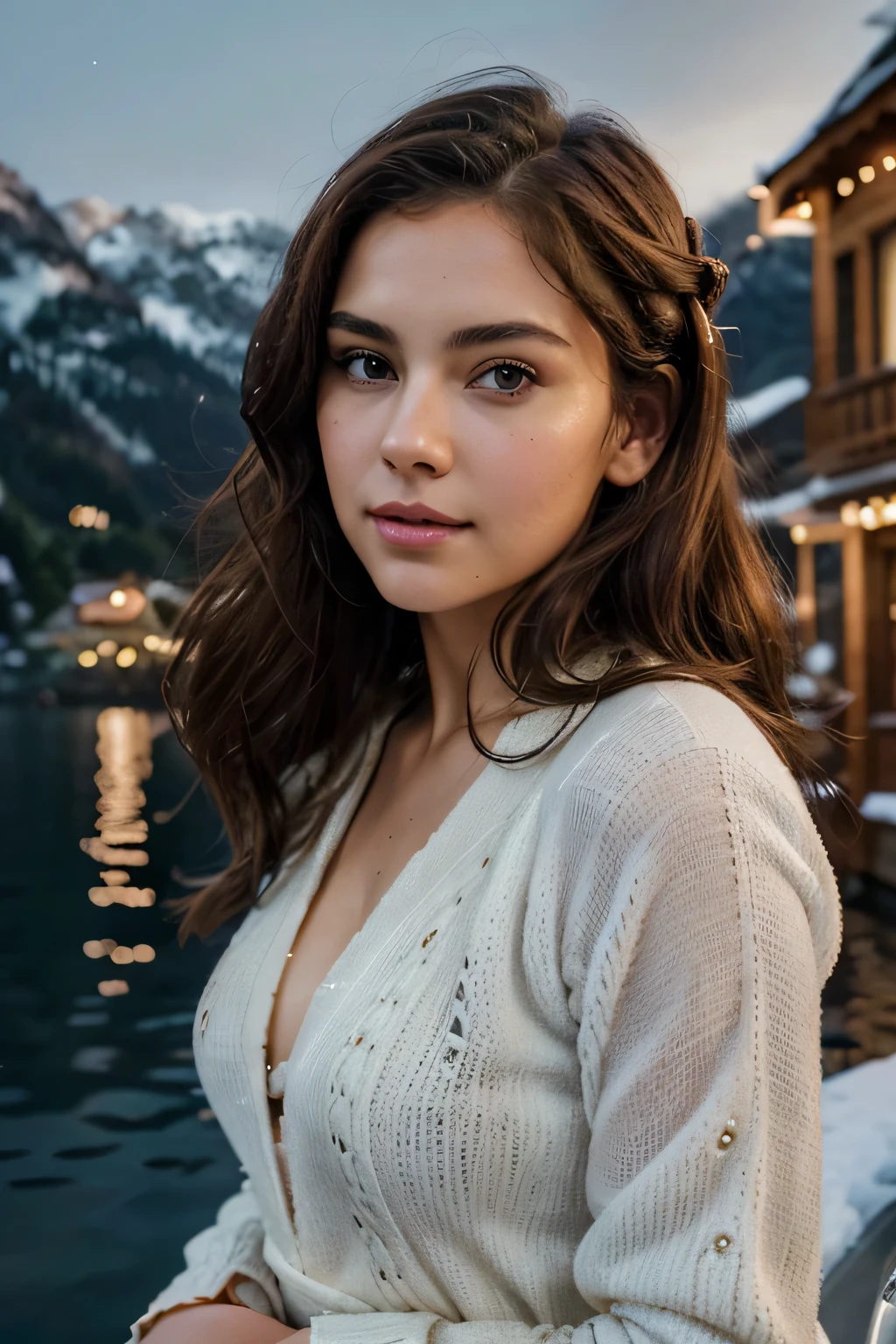 Breathtaking cinematic photo of a 25 year old girl with brown hair and brown eyes, happy, cheerful expression, closed mouth, beautiful lips, intricate details, shallow depth of field, highly detailed, high budget, epic Hollywood film, gorgeous, masterpiece, award-winning, professional, highly detailed, detailed skin texture, (blush: 0.5), (goosebumps: 0.5). (the most beautiful woman in the world) (brown hair) (short curly hair, wild hair, stylish cut) thin face, thin nose, beautiful, very beautiful, perfect face, slender body (slender), (brown hair) (brown eyes ) (white skin) Beautiful body, western face, predatory eyes, pink lips, thick thighs. full body, western beauty, thin nose, beautiful, perfect, ((best quality)), ((ultra resolution)), ((photorealistic: 1.4)), (intricate details), perfect face, makeup: 1.5 , clear face, facial details. The travel model enjoys a romantic evening cruise on Lake Lucerne. She's dressed in an elegant winter gown, her hair styled in a timeless updo. The boat is softly lit, and the snowy mountains surrounding the lake provide a stunning backdrop. The reflections of the lights on the water add to the magical and serene atmosphere of Lucerne in winter.