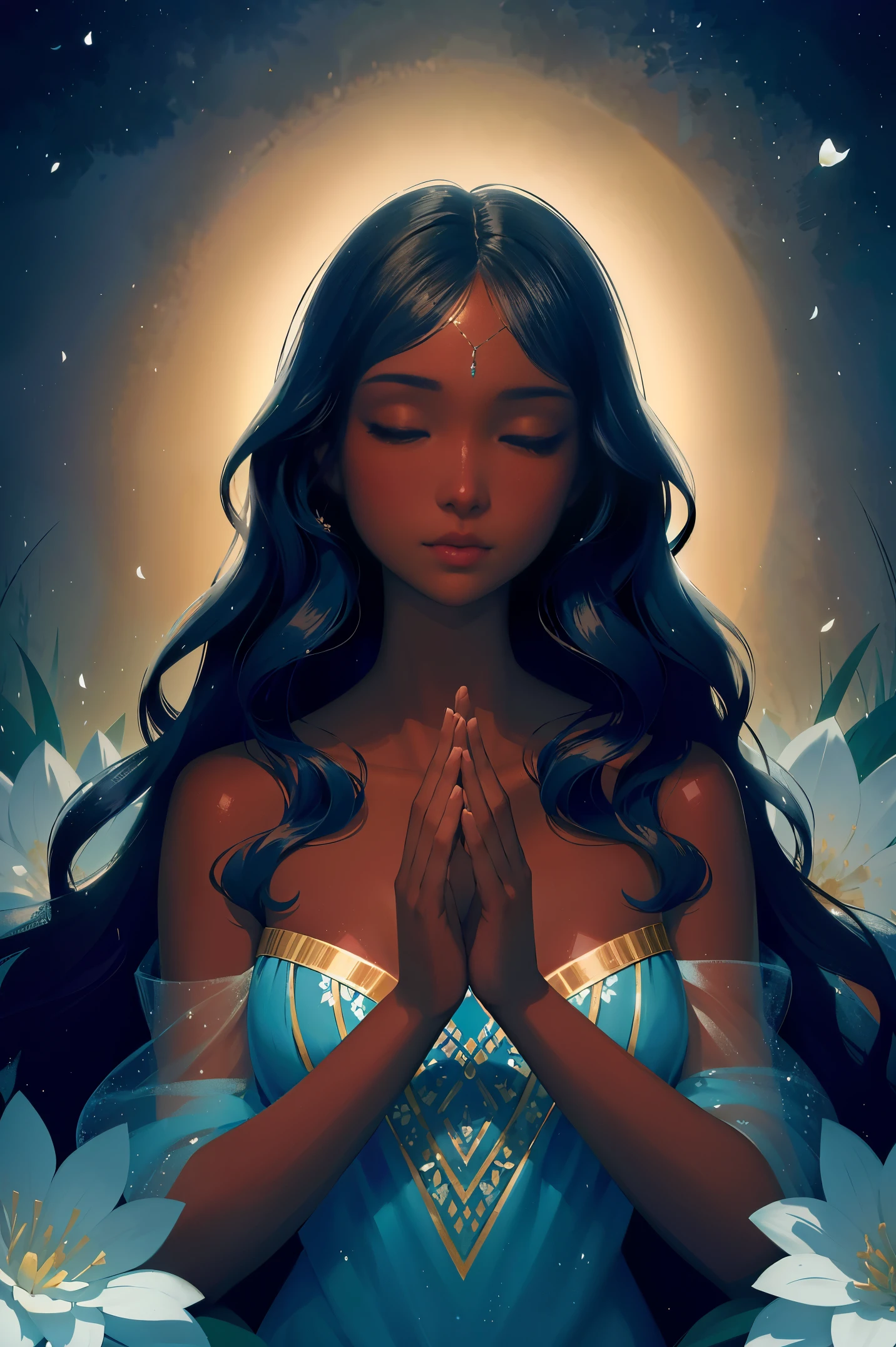 The prompt for generating a stable diffusion image with the theme "A black girl in a peaceful garden" can be:

"(best quality, high-resolution, illustration:1.2), long eyelashes, eyes closed, rich ebony skin, black Congolese features, peaceful garden, soft lighting, dreamy atmosphere, magical world, intricate details, gentle smile, summer breeze, cheerful ambiance, dewy skin, wavy hair, flowing attire, blooming flowers, joyful notes, natural portrait, play of light and shadow, serene soul, elegant pose, subtle expression, enchanting eyes, captivating smile, flawless makeup, mysterious flowers, exquisite patterns, horizontal scrolling, tranquil ambiance"