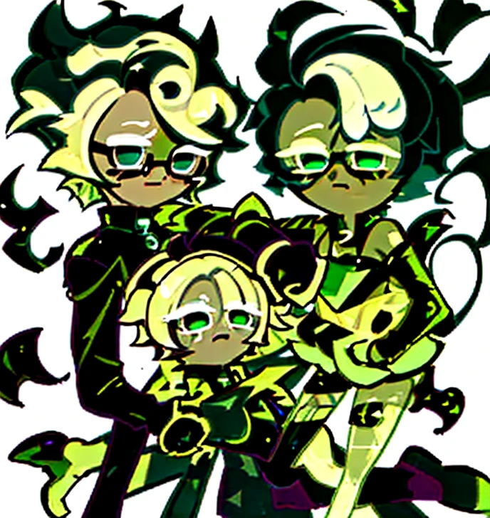 Boy with latex body suit being hypnotized by a green slime girl next to him, he blush and feel pleasure, he have a bulge between his legs, as he stare with a blank face like he was in a trance