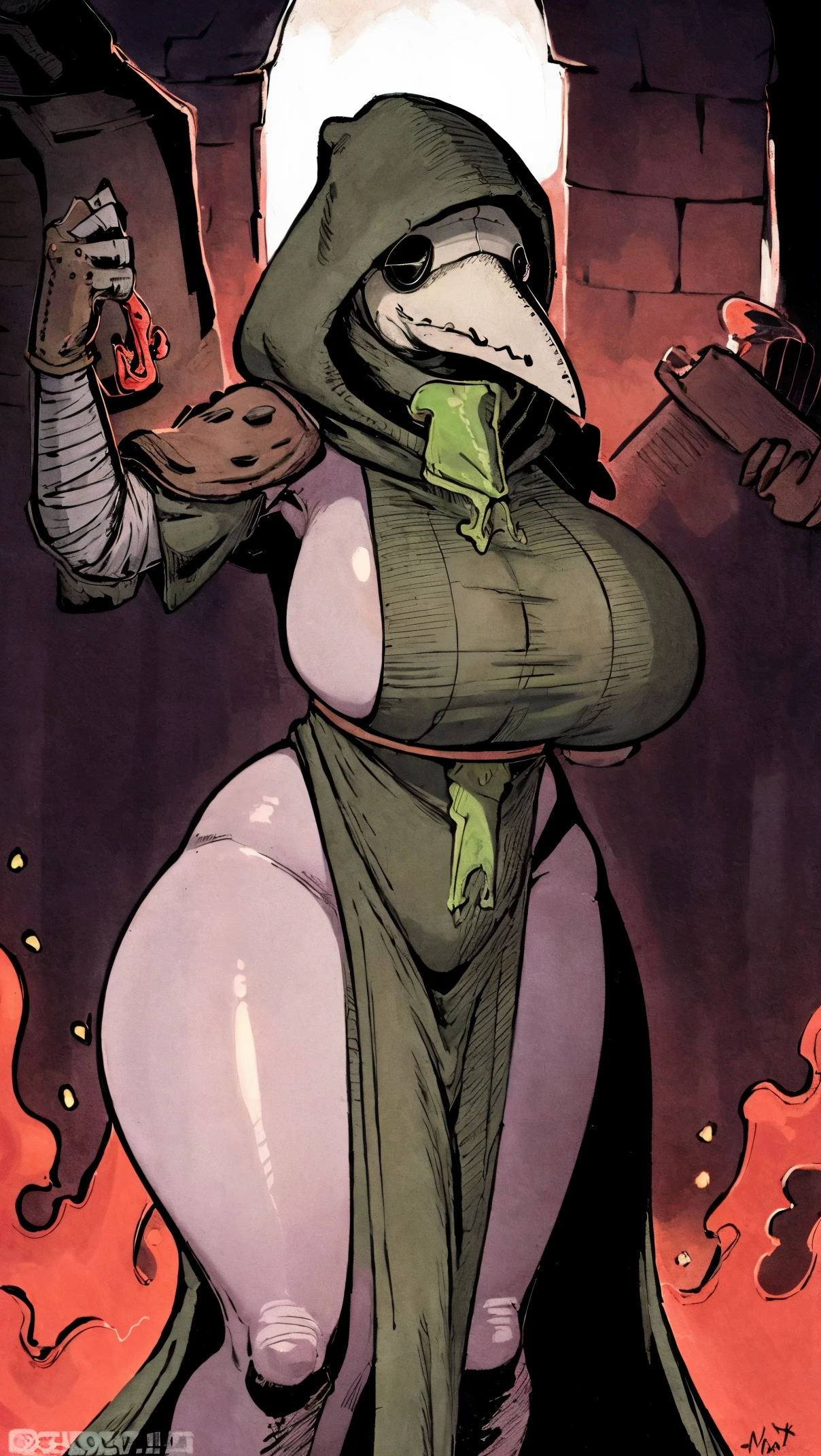 plague doctor, 1girl, solo, hood, mask, gloves, faceless, plague doctor mask, bandage, tabard, medieval, huge breasts, arms at sides, thick, ((nsfw))