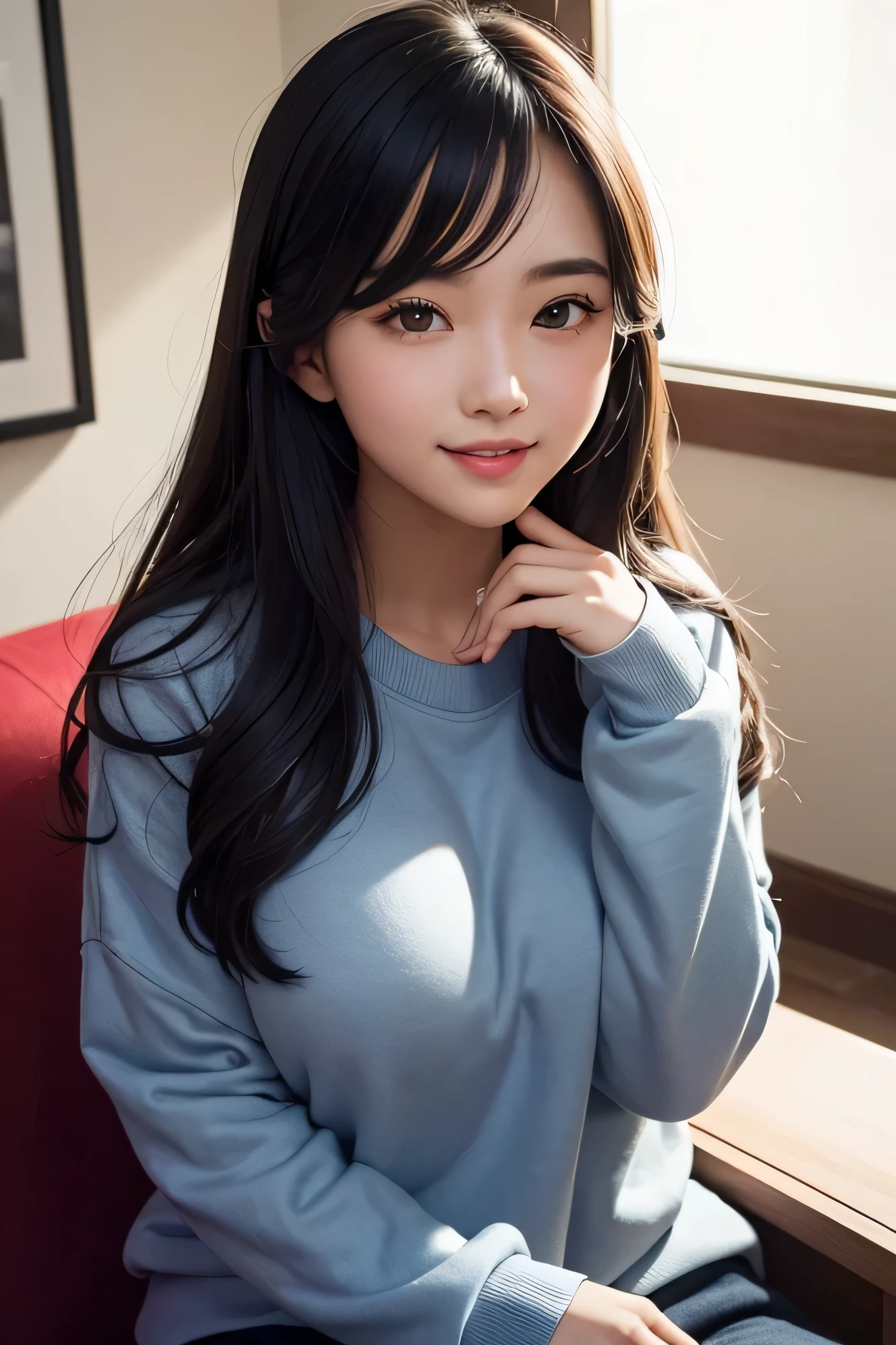 portrait photos,Beautiful young woman wearing sweatshirt,She has the facial features of a Jiangnan woman,long hair,Her chest is huge,plump figure,F cup bust,Hold your clothes high,Exquisite facial features,Her age is approximately 23 years old,Sitting on the sofa,She is an elegant and charming woman,Just like the big sister next door,warm grin,Extremely beautiful light and shadow composition