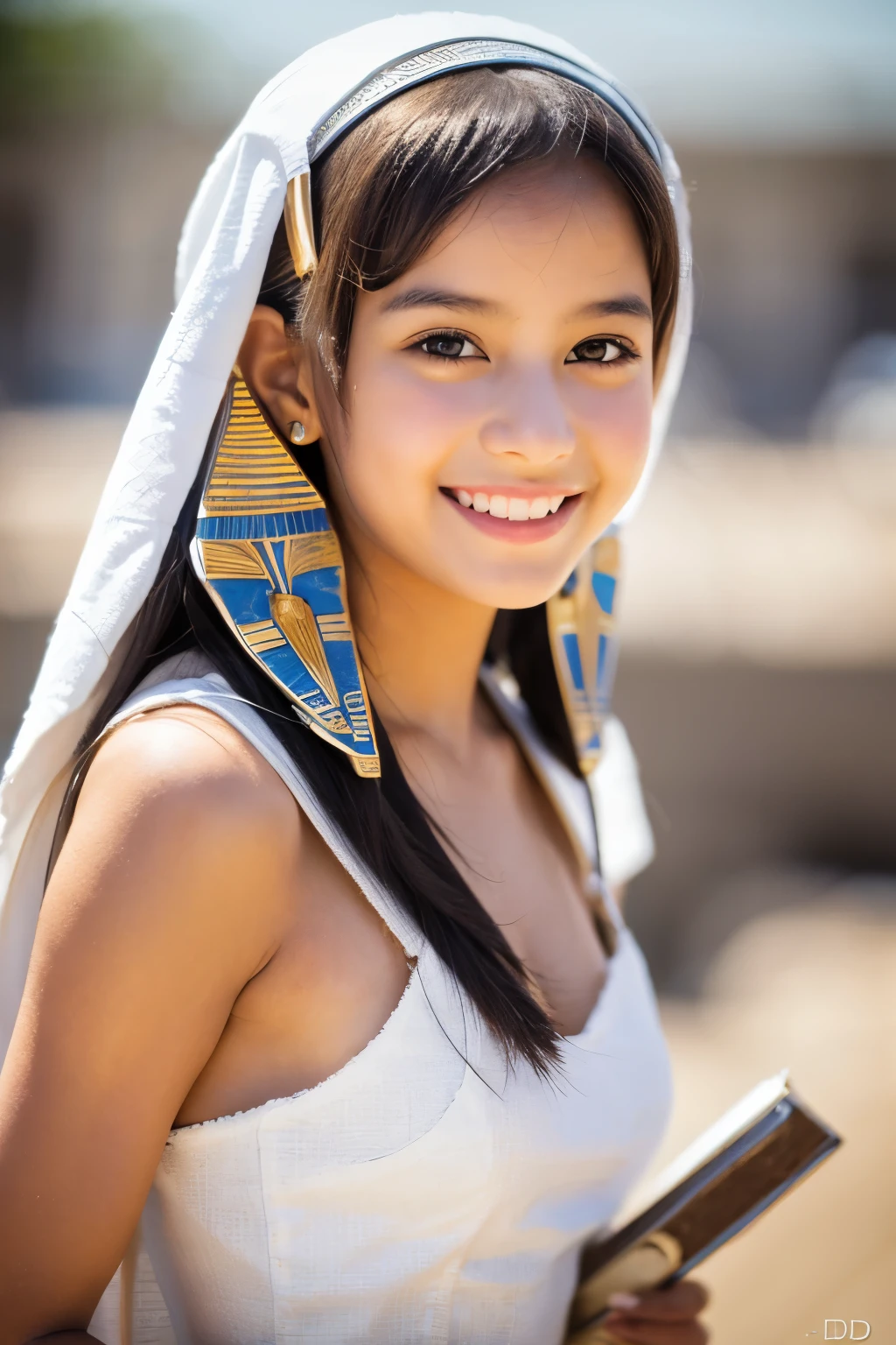 Cute teen girl in ancient Egyptian white mini dress, portrait, smile, depth of field, UHD, retina, masterpiece, ccurate, textured skin, anatomically correct, super detail, high details, high quality, award winning, best quality, highres, 1080P, 16k, 8k, 4K, HD