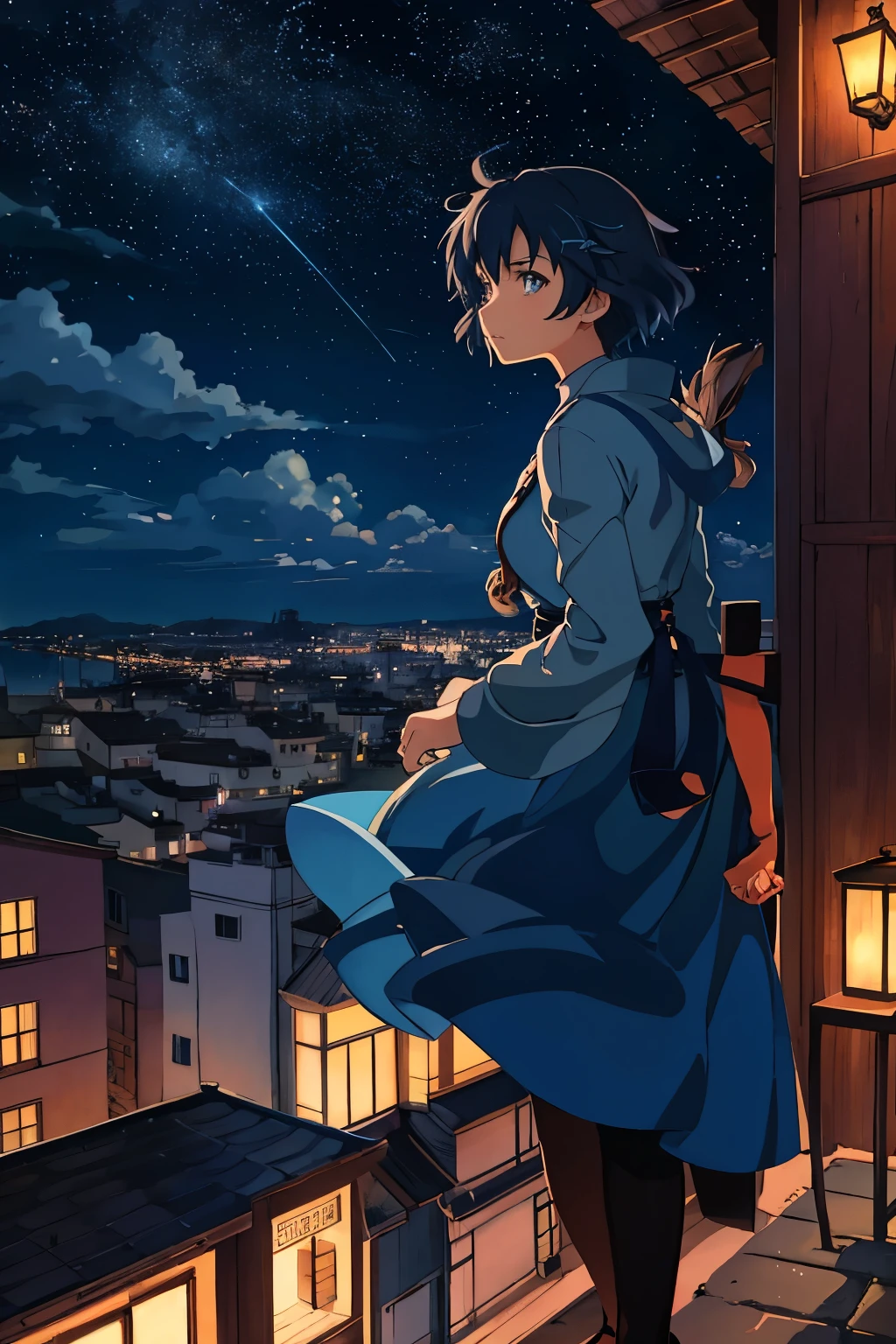 Masterpiece, an animated figure, solo, spirited urban teenager, rooftop seating, overlooking cityscape, iconic Ghibli style, vibrant clothing, adventurous look, nighttime, starry sky, rich colors, touch of mystery, freedom, Taken on: reflecting the adventurous themes of Miyazaki's works, X prompt, high definition (HD), natural look.
The animated teenager, perched on a rooftop, gazes out at the vast cityscape beneath, bathed in the soft glow of the starry night. His vibrant clothing, echoing the iconic Ghibli style, flutters gently in the cool evening breeze. With