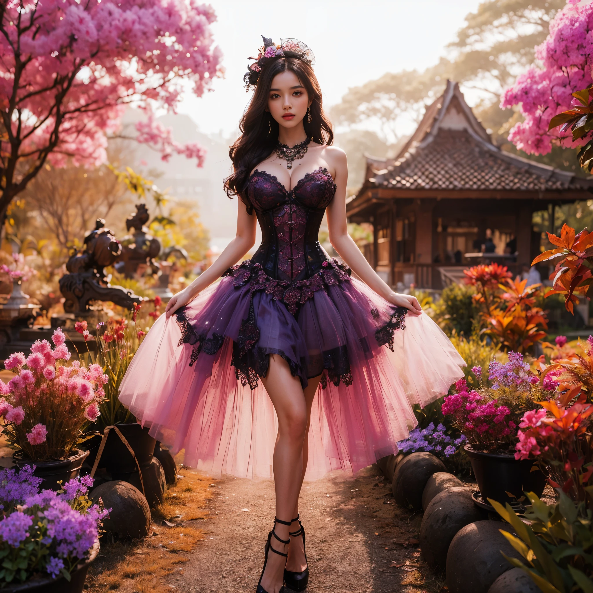 arafed woman with bustier gigantic breast in a corset and dress in front of a building, wearing an ornate outfit, ornate dress, intricate dress, elegant corset, ornate and elegant, extravagant dress, inspired by Hedi Xandt, ornate attire, intricate outfit, ornate royal gown, ornate clothing, ornate gown, intricate and elegant, intricate detailed dress, ornate , royal dress, masterpiece, best quality:1.2),,(8k,highres,RAW photo,realistic,photo-realistic:1.3),(detailed skin texture,detailed cloth texture,beautiful detailed face:1.25),professional lighting,photon mapping,beautiful soft light,radiosity,physically-based rendering,raytracing, model shoot style, model shoot style, (extremely detailed CG unity 8k wallpaper), full shot body photo of the most beautiful artwork in the world,