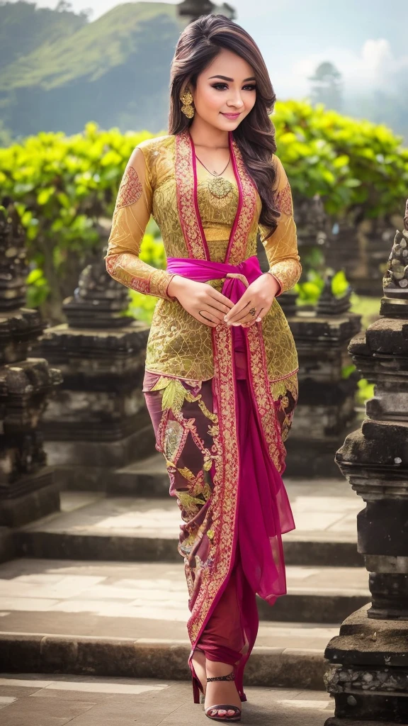 (High quality, 16K, HDR), a beautiful woman with a slender figure, (dark brown layered hairstyle), wearing a pendant, ((kebaya_bali)) outdoors, scenic beauty, lakes and mountains in distant background, details in face and skin texture beautifully rendered, details eyes, (best quality, high resolution, masterpiece: 1.3), a beautiful woman with a slim figure, (dark brown layered hairstyle),((kebaya_bali)), outdoors, background random, details in face and skin texture beautifully rendered, detail eyes, double eyelids, seductive laugh, feminine laugh,high-heels,blue eyes, seductive pose