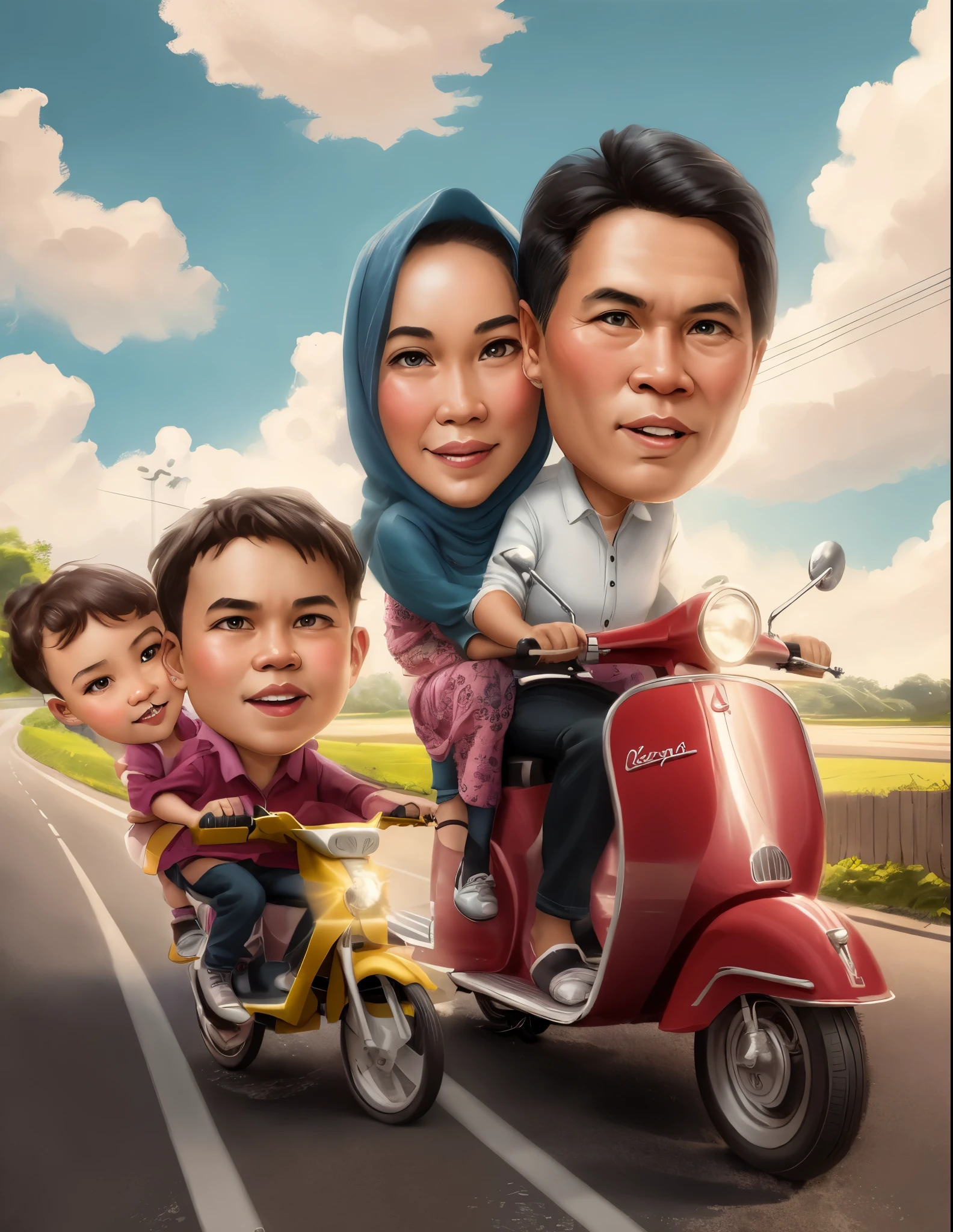 a cartoon of a family riding a scooter down a road, an indonesian family portrait, caricature illustration, in cartoon style, cartoon art, caricature style, cartoon style illustration, cartoon art style, potrait, cartoon digital painting, cartoon digital art, happy family, cartoon artstyle, cartoon portrait, digital art cartoon, caricature, digital cartoon,8k,detail, hiperrealism