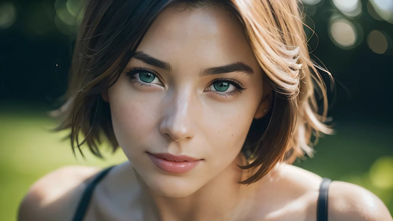 nice smile, green eyes, beautiful european model, Close-up shot of only the face, 1 Girl with a beautiful face, Beautiful woman with a smile, (table top, highest quality, High resolution:1.4), 1 girl, Texture of skin pores, photograph, movie, movie, whole body, realistic, (8K, RAWphotograph, highest quality, table top:1.2), (realistic, photo-realistic:1.33), highest quality, Natural light, Depth of bounds written, film grain, sharp, detailed and realistic portrait of a woman, stare at the camera, chapped lips, soft Natural light, のポートレートphotograph, 魔法のphotograph撮影, dramatic lighting, photorealism, super detailed, intimate portrait composition, Leica 50mm, short hair