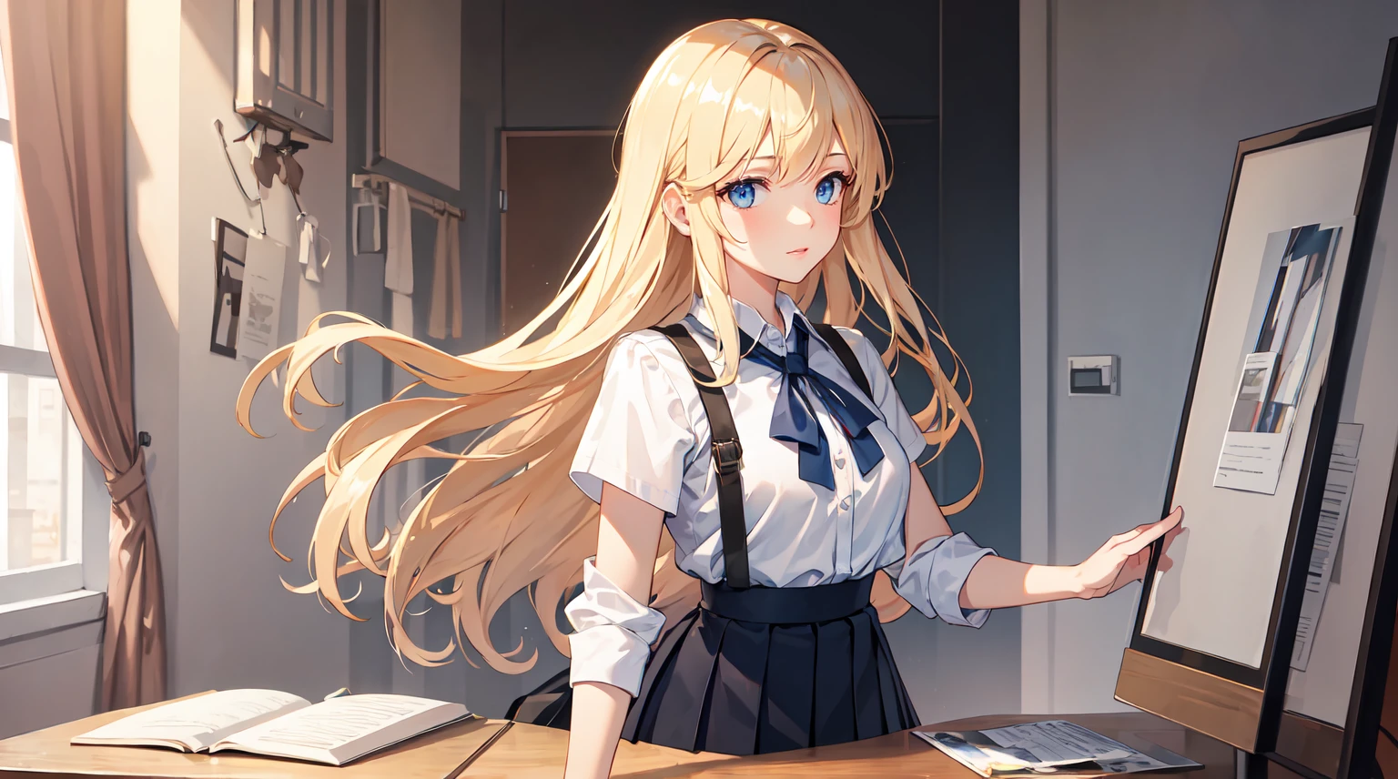 ((best quality)), ((masterpiece)), (detailed), 1 girl，blond，blue eyes，white shirt，pleated skirt