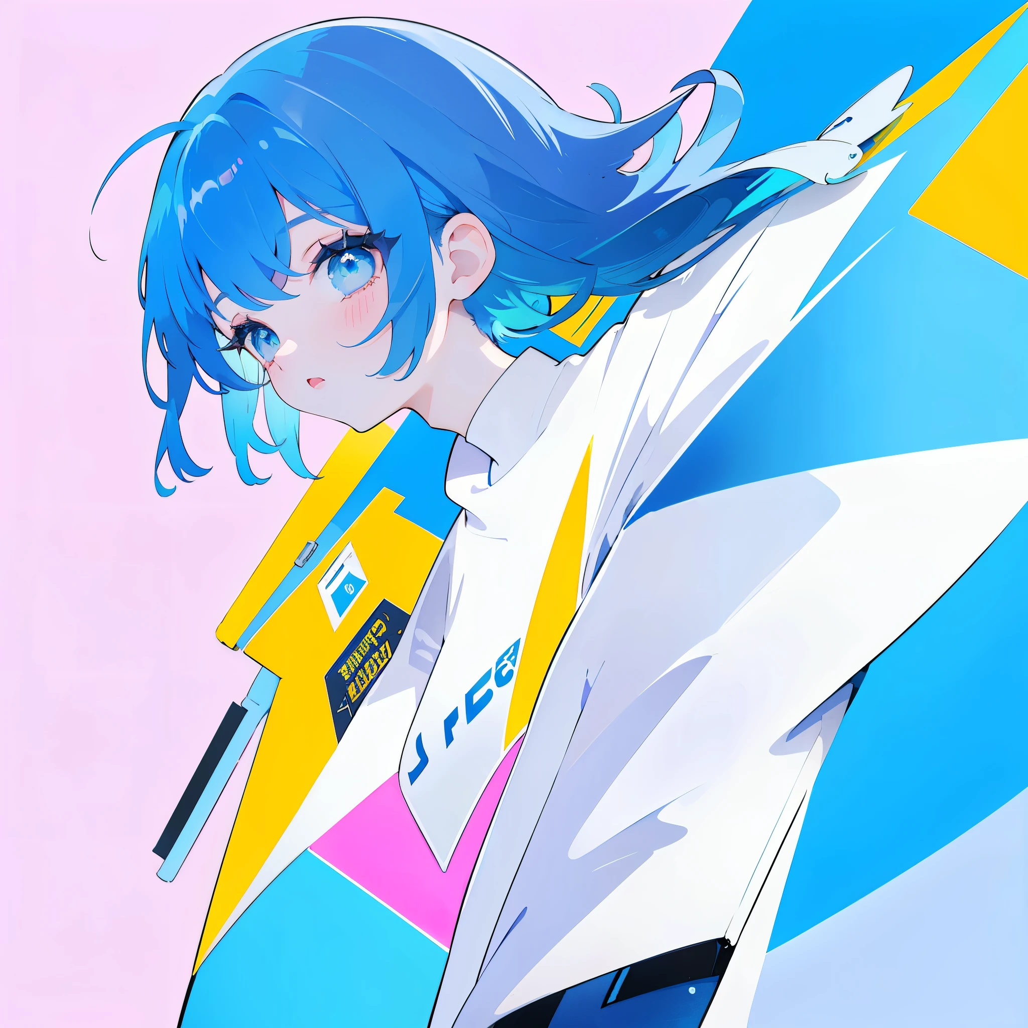 1 girl, blue hair, blue clothes with yellow elements, pink simple background, Upper body.
