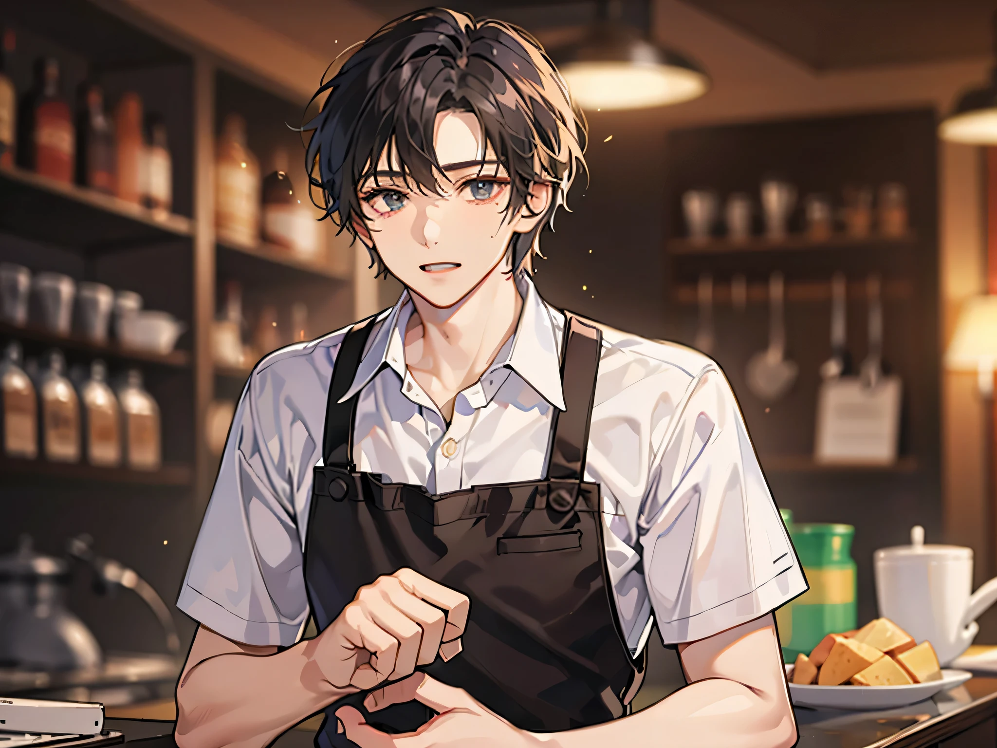 upper body,masterpiece,best quality, (anime man), Cafe clerk, male,solo,shirt,apron,half up,Eye color brown,coffee shop