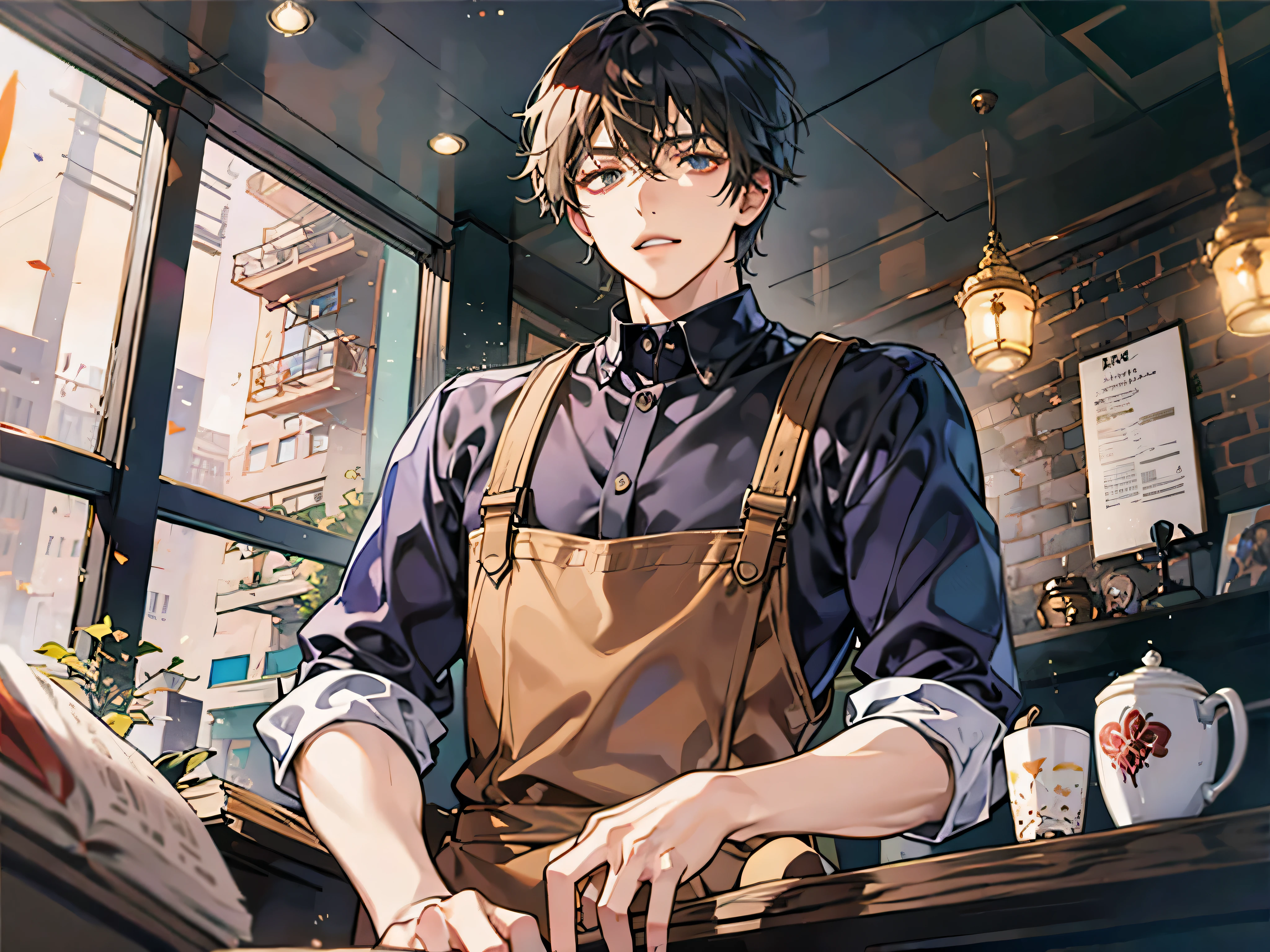 masterpiece,best quality, (anime man), Cafe clerk, male,solo,shirt,apron,half up,Eye color brown,coffee shop