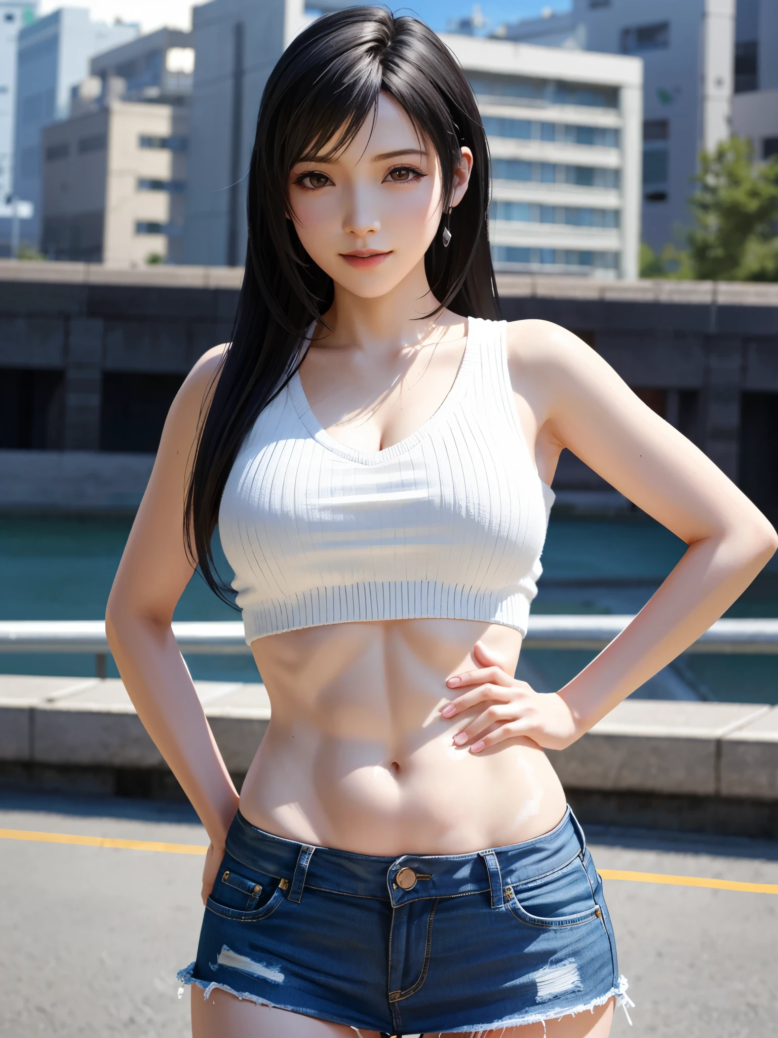 (top quality, masutepiece: 1.1), (Realistic: 1.3), Cinematic Light, lensflare, Ray traching, BREAK (((FF7,Tifa_lockhart))),(solo,Tifa:1.2), ((Bare belly)),((Mid-Riff Sweater)),((Ultra-low rise,Denim Mini Skirt)), ((Navel Ejection)) ,(behind big city:1.2),(sexy pose:1.3),(Wet with sweat:1.2),Ultra-detailed face, Detailed eyes,Red eyes, BREAK (((FF7,Tifa_lockhart))),(black brown hair, Large breasts: 1.0), BREAK (About 18 years old),kawaii,happy smile:1.1