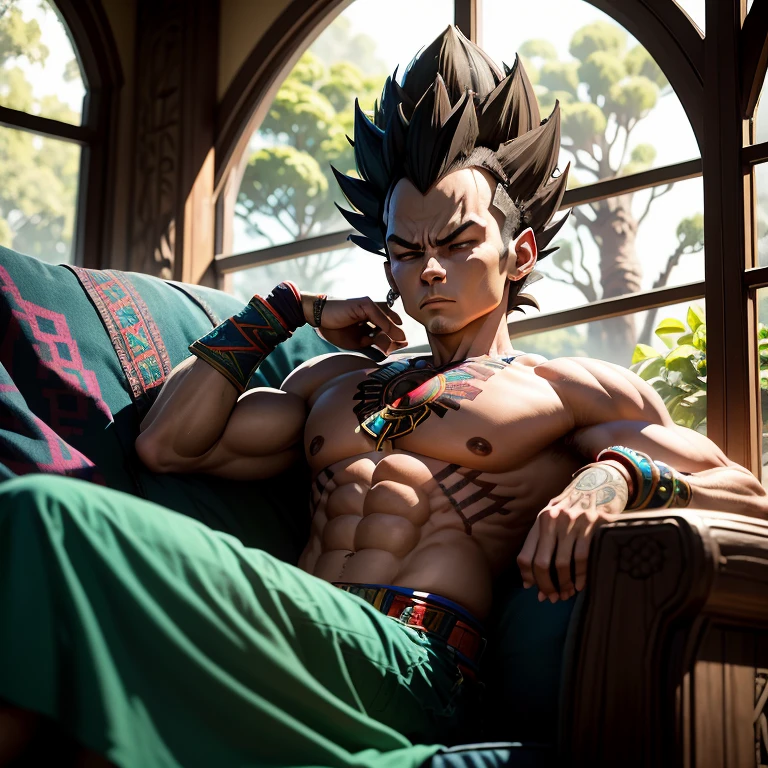 Aztec Native, solo, anthropomorphic Vegeta from Dragon Ball, deep in thought, seated on a vibrant and intricately patterned couch, eyes closed, lost in thought, surrounded by lush foliage and vibrant Aztec motifs, detailed textures and rich colors, HDR lighting, cinematic shot, vignette, bokeh background effect, UHD.

Imagine a powerful and contemplative Aztec Native Vegeta, sitting alone on a couch adorned with intricate Aztec designs. The atmosphere is filled with the epic and dramatic, as the fierce expression on his face conveys the depth of his thoughts. The setting is lush and