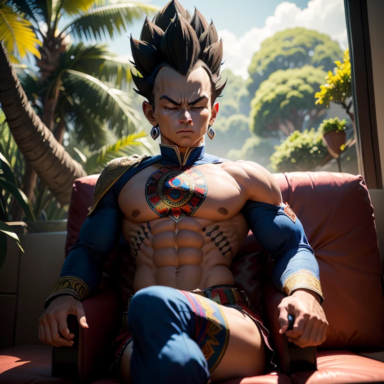 Aztec Native, solo, anthropomorphic Vegeta from Dragon Ball, deep in thought, seated on a vibrant and intricately patterned couch, eyes closed, lost in thought, surrounded by lush foliage and vibrant Aztec motifs, detailed textures and rich colors, HDR lighting, cinematic shot, vignette, bokeh background effect, UHD.
Imagine a powerful and contemplative Aztec Native Vegeta, sitting alone on a couch adorned with intricate Aztec designs. The atmosphere is filled with the epic and dramatic, as the fierce expression on his face conveys the depth of his thoughts. The setting is lush and