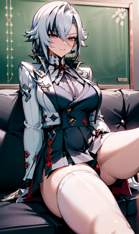 NSFW, arlecchino, arlecchino from genshin impact, school girl, school white uniforms, short skirt, big tits, cool girl, a quiet and serious girl, badass, firm expression, evil smile, look down, sexy model pose, school background, fine background, black stocking, full body, sitting on the sofa, leaning.