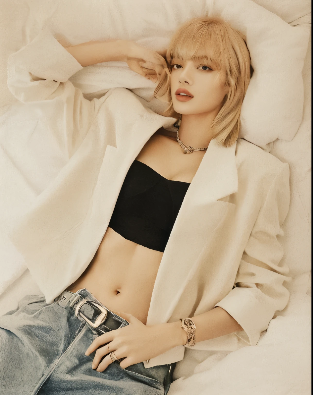 arafa woman lying on a bed with a white jacket and black bra, para gq, camisa cropped com jaqueta, jia, Suki, her belly button is exposed, Nina Masic, imagem vazada, glossy photo shoot for magazine, ad image, Sun Yunjoo, inspirado em Leila Faithfull, Sydney Sweeney, foto da revista Vogue, photo shoot for magazine, vogue photoshoot