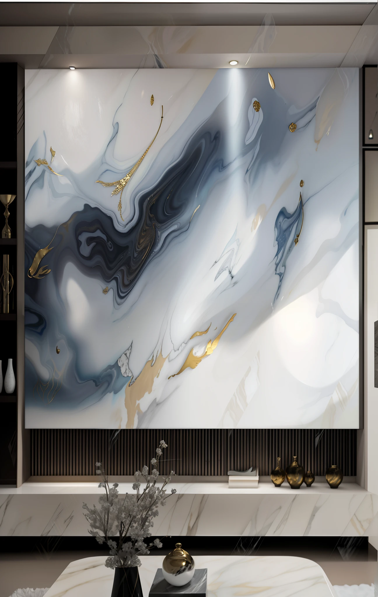 Close-up of a painting on the living room wall, Engraved Marble Textured Silk Cloth, white karaka gold marble, 4K/8, Ivory and black marble, extremely high quality art, marbling effect, marble room, made of liquid metal and marble, Paint pours smoke, marble walls, glossy painting, White marble, polished White marble