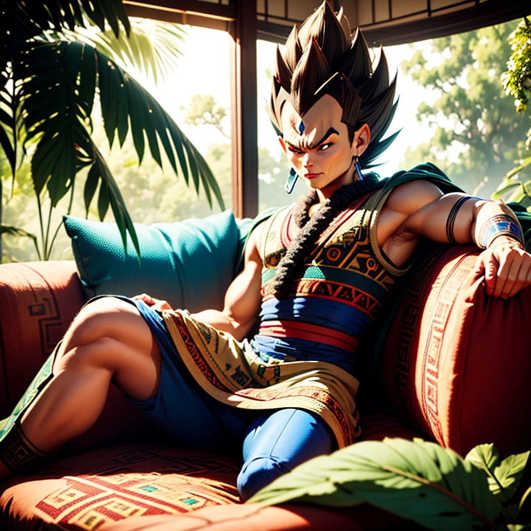Aztec Native, solo, anthropomorphic Vegeta from Dragon Ball, deep in thought, seated on a vibrant and intricately patterned couch, eyes closed, lost in thought, surrounded by lush foliage and vibrant Aztec motifs, detailed textures and rich colors, HDR lighting, cinematic shot, vignette, bokeh background effect, UHD.
Imagine a powerful and contemplative Aztec Native Vegeta, sitting alone on a couch adorned with intricate Aztec designs. The atmosphere is filled with the epic and dramatic, as the fierce expression on his face conveys the depth of his thoughts. The setting is lush and