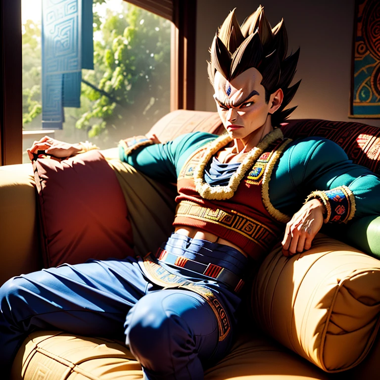 Aztec Native, solo, anthropomorphic Vegeta from Dragon Ball, deep in thought, seated on a vibrant and intricately patterned couch, eyes closed, lost in thought, surrounded by lush foliage and vibrant Aztec motifs, detailed textures and rich colors, HDR lighting, cinematic shot, vignette, bokeh background effect, UHD.

Imagine a powerful and contemplative Aztec Native Vegeta, sitting alone on a couch adorned with intricate Aztec designs. The atmosphere is filled with the epic and dramatic, as the fierce expression on his face conveys the depth of his thoughts. The setting is lush and