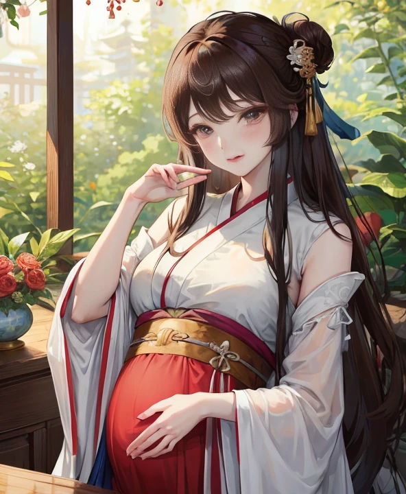 masterpiece, best quality, aldult, Chinese style,pregnancy ,China, elder sister, Smile, brown hair, princess cut, Full of motherhood,Hanfu,Pure affection,blush,Dignified yet lively,Mother,Place your hands on your stomach,Full of motherhood,Sexy,charming,Graceful and graceful,A thousand flavors,charming,With a royal air,long hair,With hairpins,长Hanfu,beautiful,beautiful,A hand caresses his belly,charming的,眼神Lovely,Lovely,black stockings,Tall and tall,The country is fragrant,The one with alluring looks
