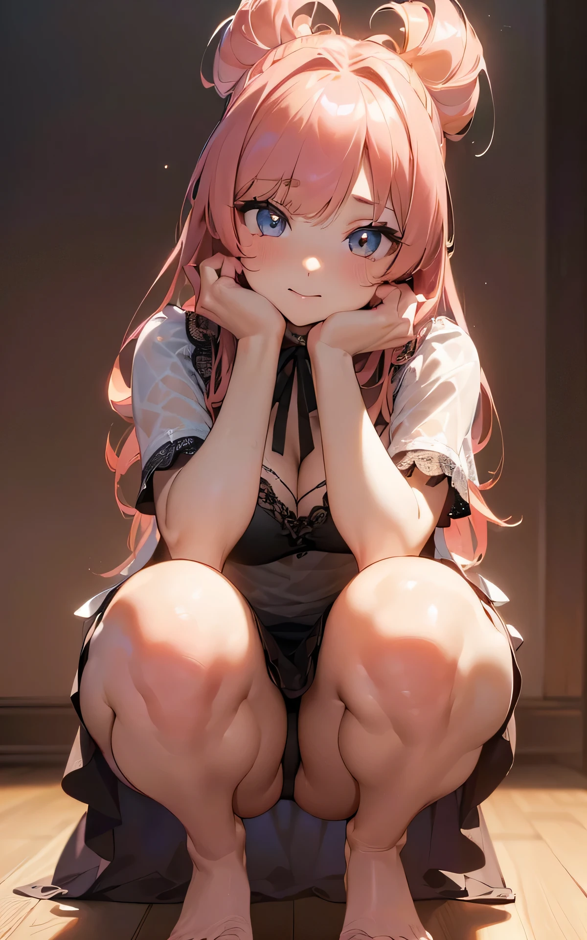 (Unity 16K Wallpaper, Masterpiece, Best Quality, Ultra Detailed, Extremely Detailed CG, Ultra High Resolution, Caustics, Detailed, Beautiful Detailed Eyes, solo, curby:1.3, negligee, dutch angle, squatting:1.3), fine skin, pink hair, brown eyes