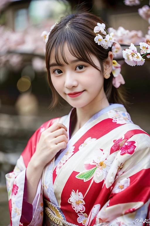 (8K, RAW photo, top quality, masterpiece:1.2), super detailed, super high resolution, (realistic, photo realistic:1.37), portrait, high resolution raw color photo, professional photo, very delicate and beautiful, very detailed, 8K wallpaper, grow, detailed, huge file size, official art, very detailed CG Unity 8K wallpaper, very detailed beautiful girl, very detailed face, extremely detailed eyes, very detailed skin, very thin fingers, very detailed nose, very detailed mouth, perfect anatomy, very detailed background, very detailed clothes, 1 girl, (18yrs:1.2), 10th generation, Cute girl, famous Japanese idol, cute,(small breasts:1.2), realistic body, small, pure white skin, glossy skin, slender body, good style, dark, tied hair,(bangs:1.2), laugh, cute, young, cute faces, face like real, Beautiful eyes, order of the source, (Cherry blossom patterned kimono:1.4), intricate embroidery, earrings, (Cherry blossom hairpiece:1.2), eyes, cowboy shot, frontage, standing athletic pose, contrapo, outside house, (Night:1.4), Japanese style, cherry blossom in full bloom in background, (Falling petals:1.4), (petals reflecting light (petals reflecting light: 1.3), dynamic lighting,