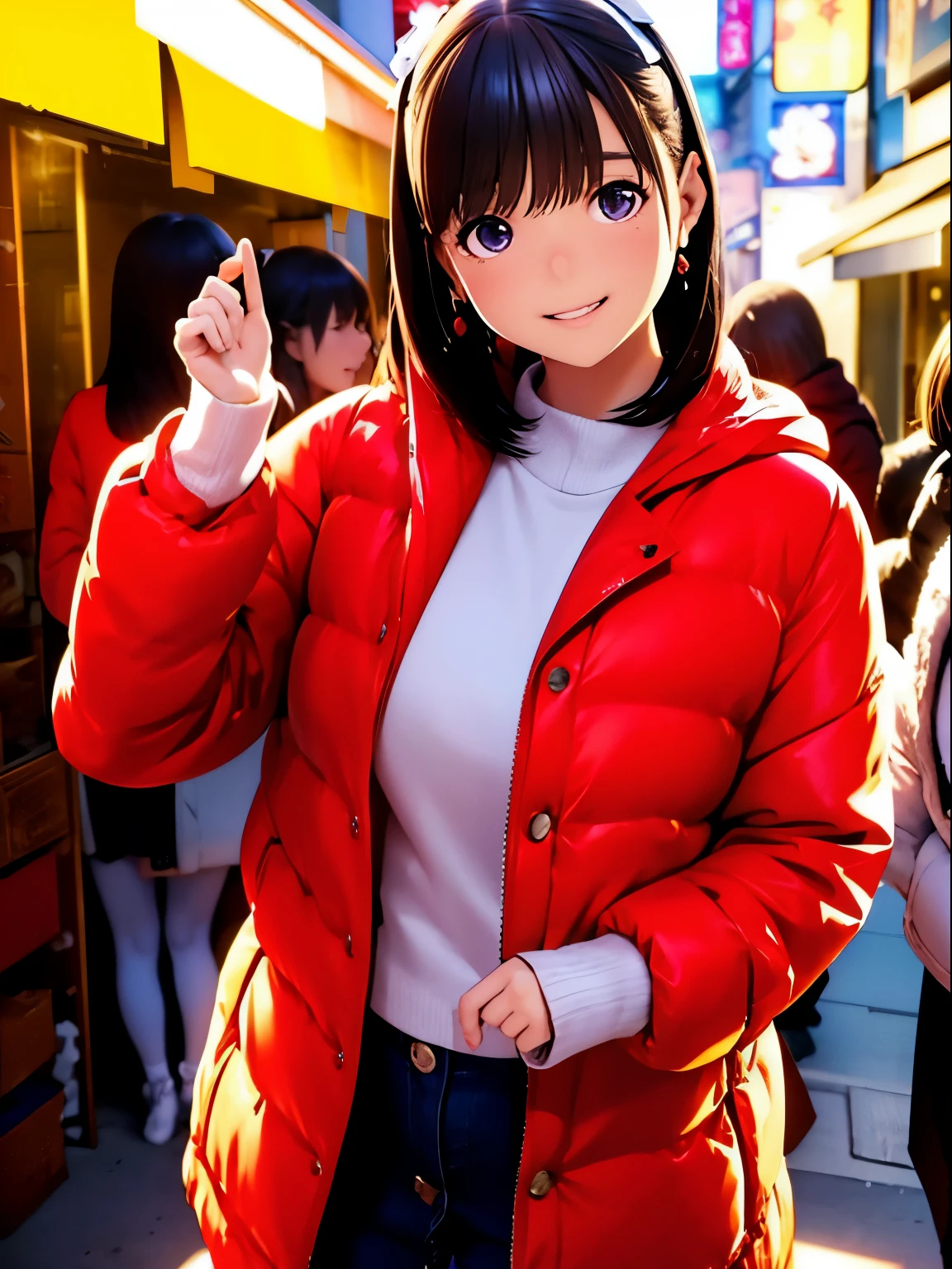 High resolution,8K,best quality,detailed,semi-realistic anime,Anime 3D Style,Smooth Anime CG,1peopleの女の子,20 year old Japanese woman,slim,model,shiny chestnut hair,medium hair,detailedに書かれた顔,綺麗でdetailedな瞳,glowing skin,(red coat,Layering,winterの服),beautiful earrings,winter,cold morning in january,(street:0.8), (people, large crowd:1),hard focus particles,soft lighting,look at the audience,A sloppy smile