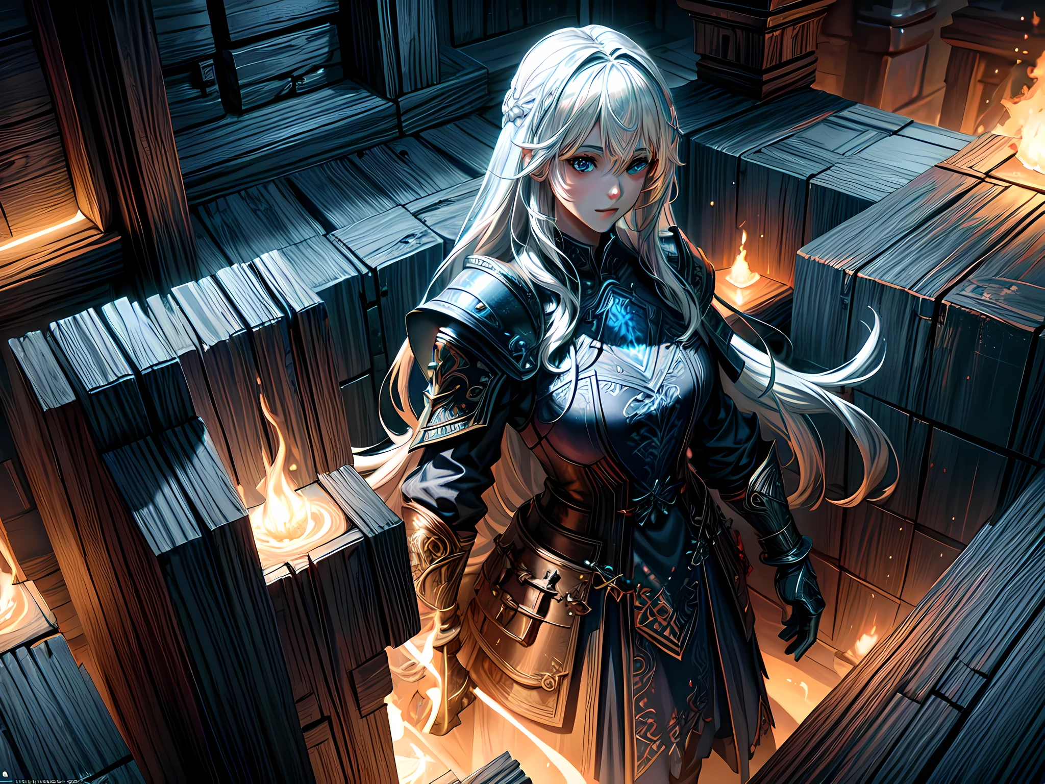 fantasy art, dnd art, RPG art, wide shot, (masterpiece: 1.4) portrait, intense details, highly detailed, photorealistic, best quality, highres, portrait a vedalken female (fantasy art, Masterpiece, best quality: 1.3) ((blue skin: 1.5)), intense details facial details, exquisite beauty, (fantasy art, Masterpiece, best quality) cleric, (blue colored skin: 1.5) 1person blue_skin, blue skinned female, (white hair: 1.3), long hair, intense green eye, fantasy art, Masterpiece, best quality) armed a fiery sword red fire, wearing heavy (white: 1.3) half plate mail armor, wearing high heeled laced boots, wearing an(orange :1.3) cloak, wearing glowing holy symbol GlowingRunes_yellow, within fantasy temple background, reflection light, high details, best quality, 16k, [ultra detailed], masterpiece, best quality, (extremely detailed), close up, ultra wide shot, photorealistic, RAW, fantasy art, dnd art, fantasy art, realistic art,