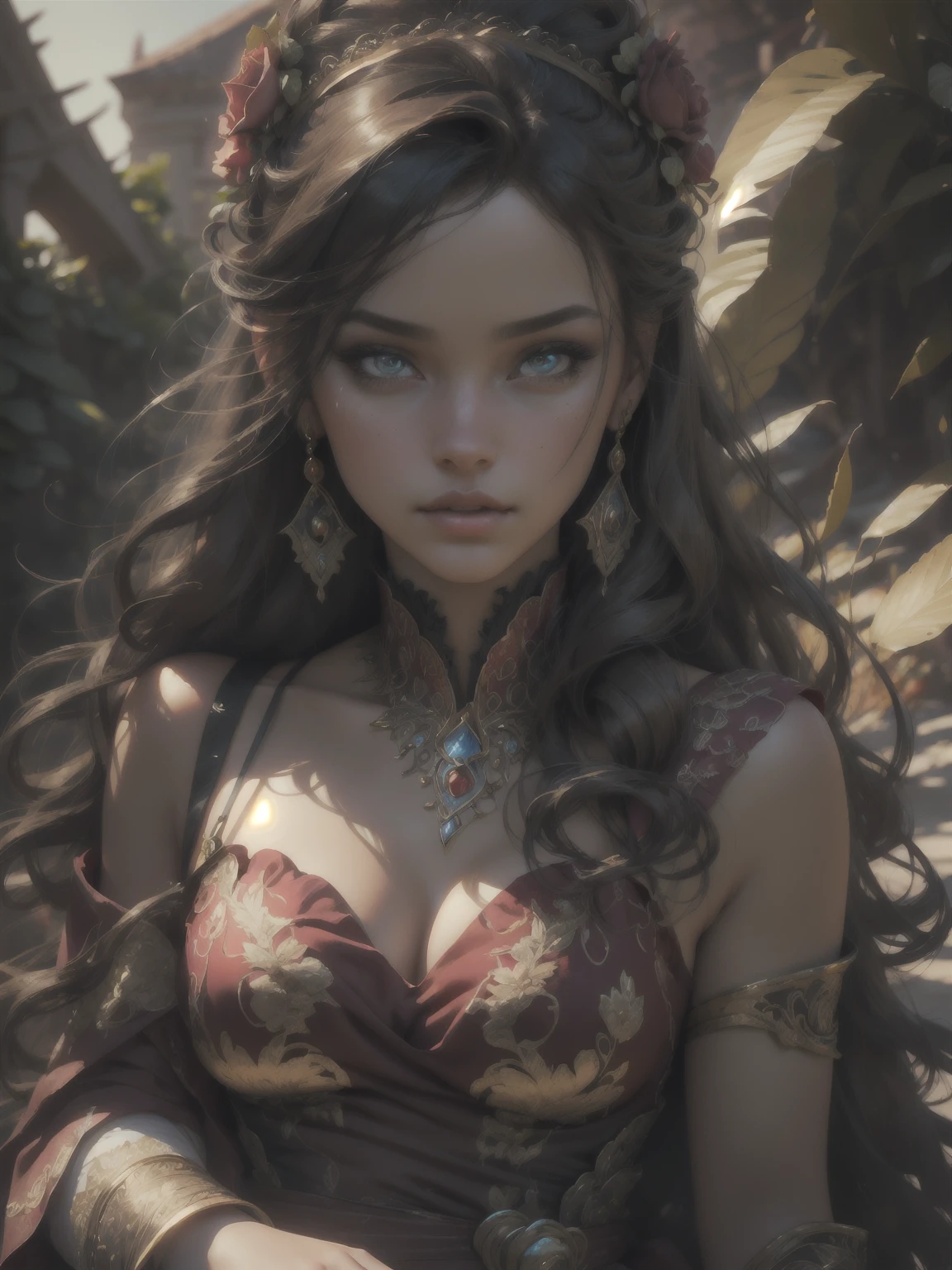 This artwork is in the style of realistic fantasy set in the castle's rose garden. Generate a woman with a beautiful detailed face dressed in the billowing folds of a stunning yellow French silk ballgown. The gown features ruffles, sashes, and bows, and its bodice is delicately but intricately hand-embroidered. The woman's sweet face is ((((highly detailed, with realistic features and soft, puffy lips.)))) Her stunning eyes are beautifully detailed, featuring realistic shading and multiple colors. She is touching a timeless rose just as beautiful today as it was the day it first bloomed thousands of years in the past. The eternal rose is a deep shade of red with shimmering pink overtones and undertones. Ensure that the woman's face, hair, and eyes are perfect. realism, high fantasy, whimsical fantasy, storybook fantasy, fairytale fantasy, fantasy details, enchanting, bewitching, 8k, hires, cgi, digital painting, unity, unreal engine, (((masterpiece))), intricate, elegant, highly detailed, majestic, digital photography, art by artgerm and ruan jia and greg rutkowski, (masterpiece, finely detailed beautiful eyes: 1.2), hdr, realistic skin texture, (((1woman))), (((solo))), Include a highly detailed face, extremely detailed face, and interesting background.