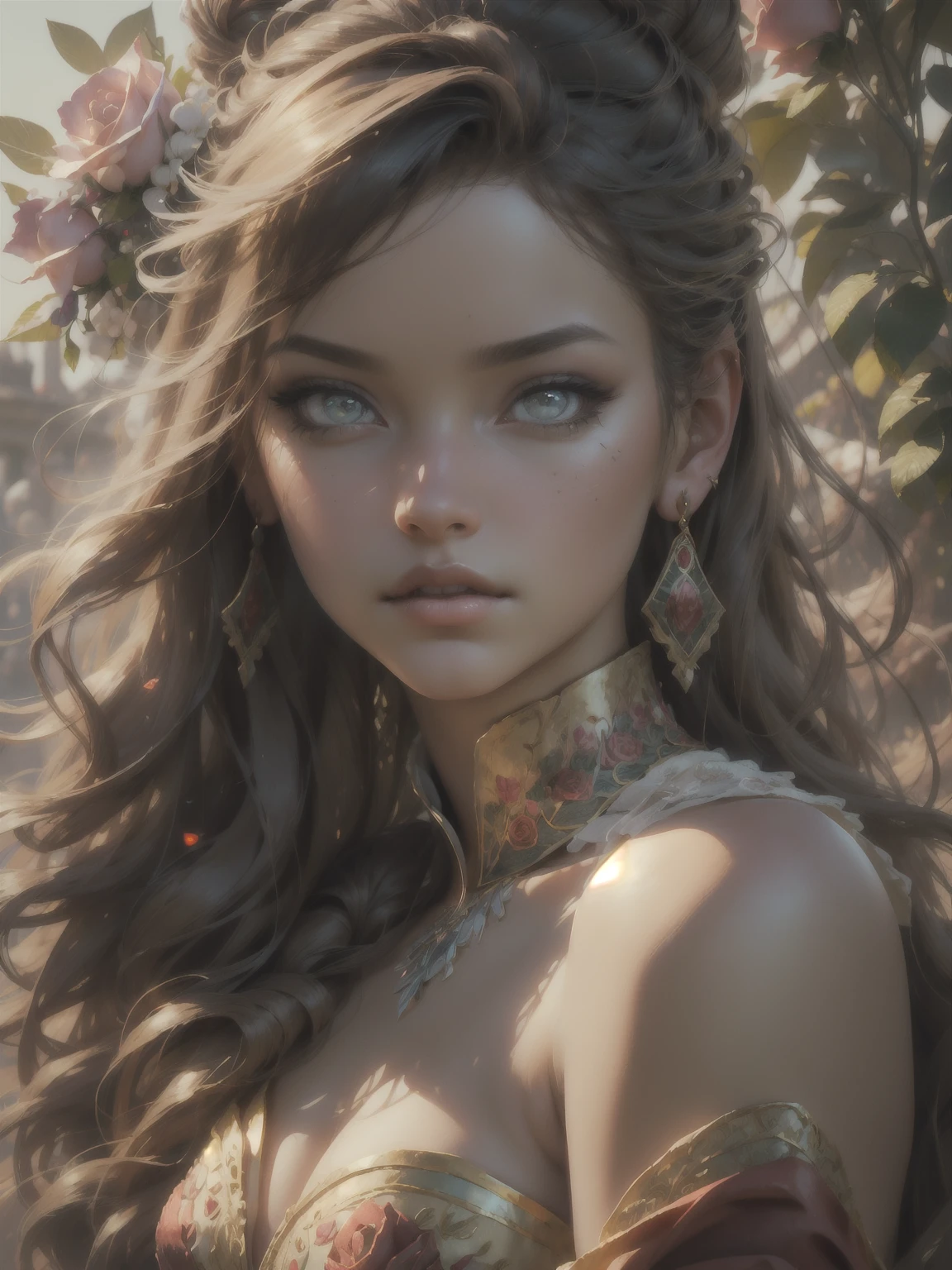 This artwork is in the style of realistic fantasy set in the castle's rose garden. Generate a woman with a beautiful detailed face dressed in the billowing folds of a stunning yellow French silk ballgown. The gown features ruffles, sashes, and bows, and its bodice is delicately but intricately hand-embroidered. The woman's sweet face is ((((highly detailed, with realistic features and soft, puffy lips.)))) Her stunning eyes are beautifully detailed, featuring realistic shading and multiple colors. She is touching a timeless rose just as beautiful today as it was the day it first bloomed thousands of years in the past. The eternal rose is a deep shade of red with shimmering pink overtones and undertones. Ensure that the woman's face, hair, and eyes are perfect. realism, high fantasy, whimsical fantasy, storybook fantasy, fairytale fantasy, fantasy details, enchanting, bewitching, 8k, hires, cgi, digital painting, unity, unreal engine, (((masterpiece))), intricate, elegant, highly detailed, majestic, digital photography, art by artgerm and ruan jia and greg rutkowski, (masterpiece, finely detailed beautiful eyes: 1.2), hdr, realistic skin texture, (((1woman))), (((solo))), Include a highly detailed face, extremely detailed face, and interesting background.
