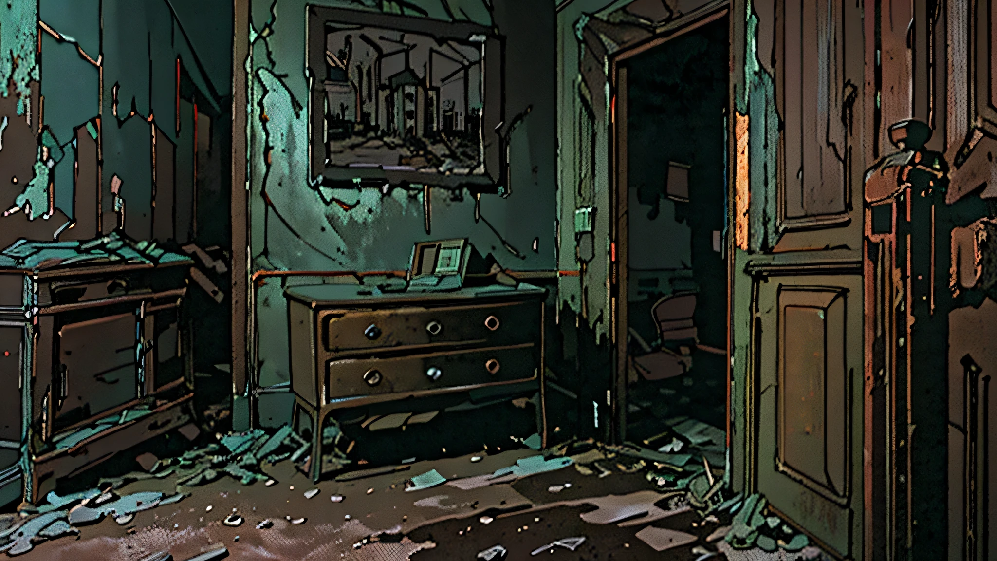 Image representing the entrance of an abandoned residence with dusty furniture. moist, Stained walls indicate a state of decay. Minimal lighting only highlights shadowy details, accentuating the feeling of desolation and mystery. The scene must convey a tense and unpleasant atmosphere