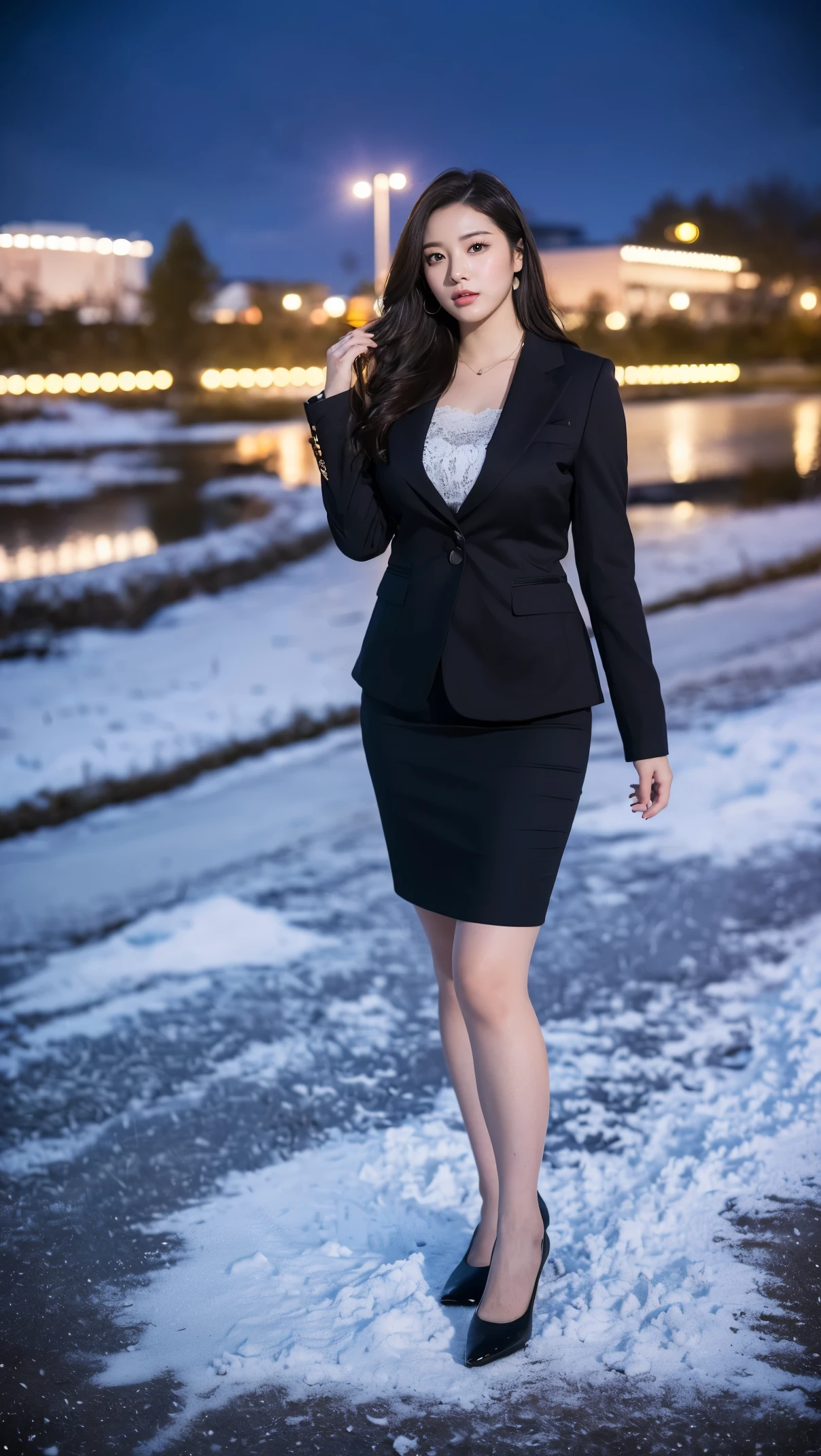 (masutepiece,High quality,16k:1.1),(depth of fields:1.3) ,((front body:1.35)),Japanese ,Woman, ((business suit, pencil skirt)), huge breasts, voluptuous, thicc, curvy,(Looking at Viewer:1.3),(full body shot:1.2),(snowing:1.2),(Beautiful night view of town:1.2),