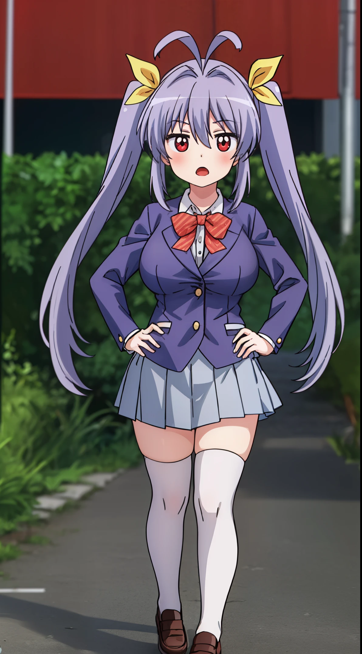 large breasts (weight: 1.5), wearing a short skirt (weight: 1.5) , masterpiece, ((ultra detailed background, delicate pattern, intricate detail)), (highly detailed, fine details), best quality, beautiful lighting, ((huge breasts, slim girl)), 

miyauchi_renge_nonnonbiyori, purple_hair, red_eyes, long_hair, twintails, ribbon, hair_ribbon, blush, antenna_hair, yellow_ribbon, hair_between_eyes,

1 girl, 20yo,YOUNG female, Beautiful Finger, Beautiful long legs ,Beautiful body ,Beautiful Nose ,Beautiful character design, perfect eyes, perfect face,(Beautiful,Huge_Breasts:1.3)

an anime/cartoon character wearing a girls school uniform walking upright with straight posture and an open mouth, 1girl, solo, thigh-highs, ブレザー burezaa (Blazer), ahoge, long hair, white thighhighackground, hand on hip, full body, bow, school uniform, looking at viewer, bowtie, shoes, loafers, ribbon, (very short skirt:1.4),

official art, extremely detailed CG unity 8k wallpaper, perfect lighting,Colorful, Bright_Front_face_Lightinasterpiece:1.0),(best_quality:1.0), ultra high res,4K,ultra-detailed,
photography, 8K, HDR, highres, absurdres:1.2, Kodak portra 400, film grain, blurry background, bokeh:1.2, lens flare, (vibrant_color:1.2)
, (beautiful_face:1.5),(narrow_waist), (Beautiful,Huge_Breasts:1.3)