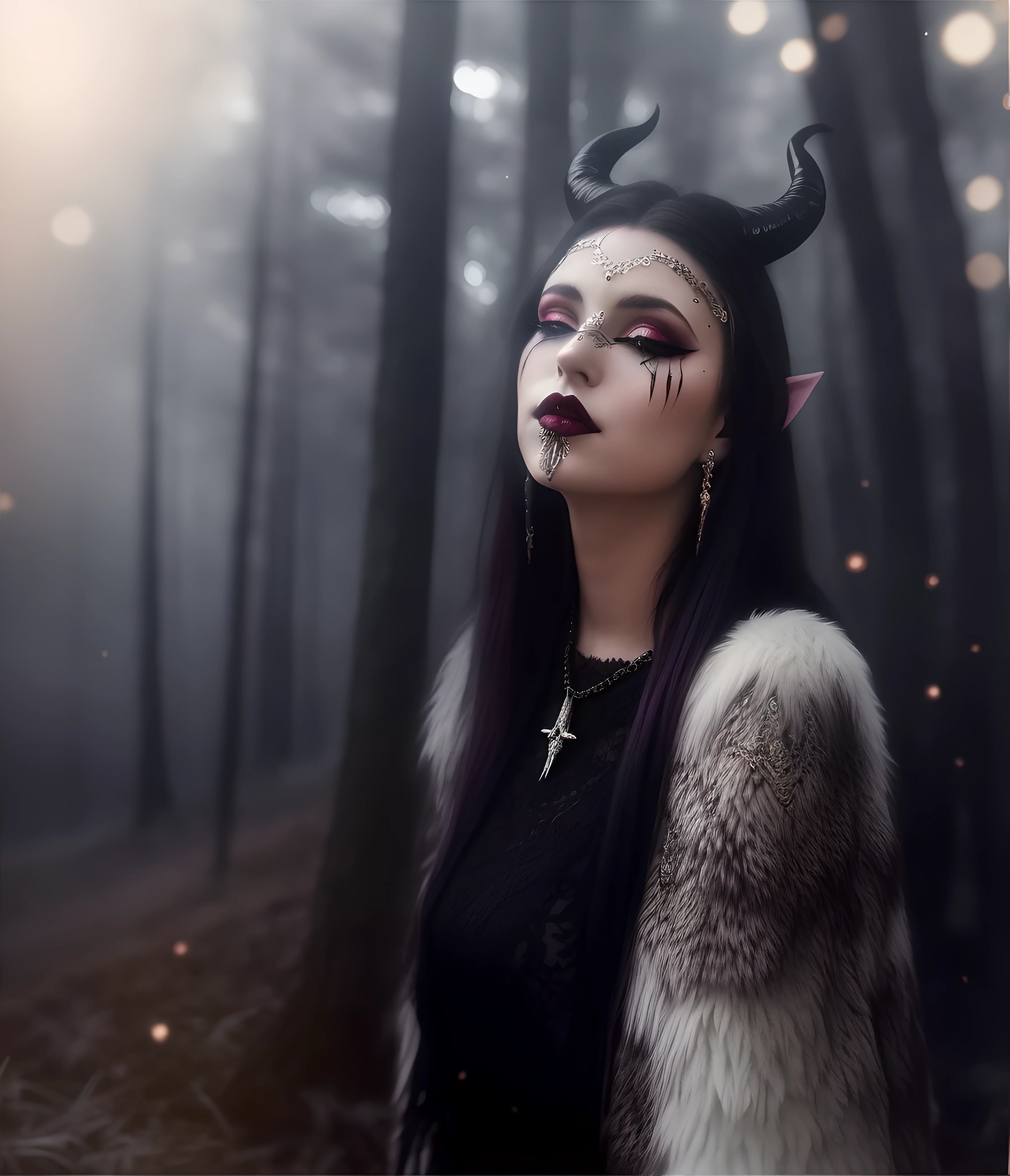fur cape, arafed woman with horns and makeup in a forest, with horns, fantasy photoshoot, demon queen with white horns, beautiful elegant demon queen, Gothic shaman maiden, dark fantasy style, Portrait of a dark fantasy nymph, succubus | medieval, alluring tiefling druid, fantasy character photo, tiefling, Portrait of a dark fantasy, Dark Fairies