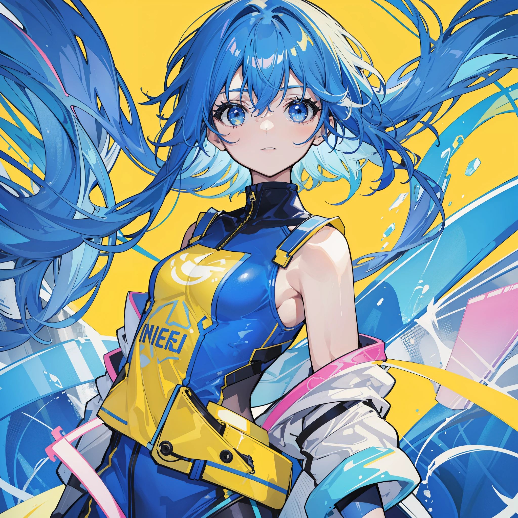 1 girl, blue hair, blue clothes with yellow elements, pink simple background, Upper body.
