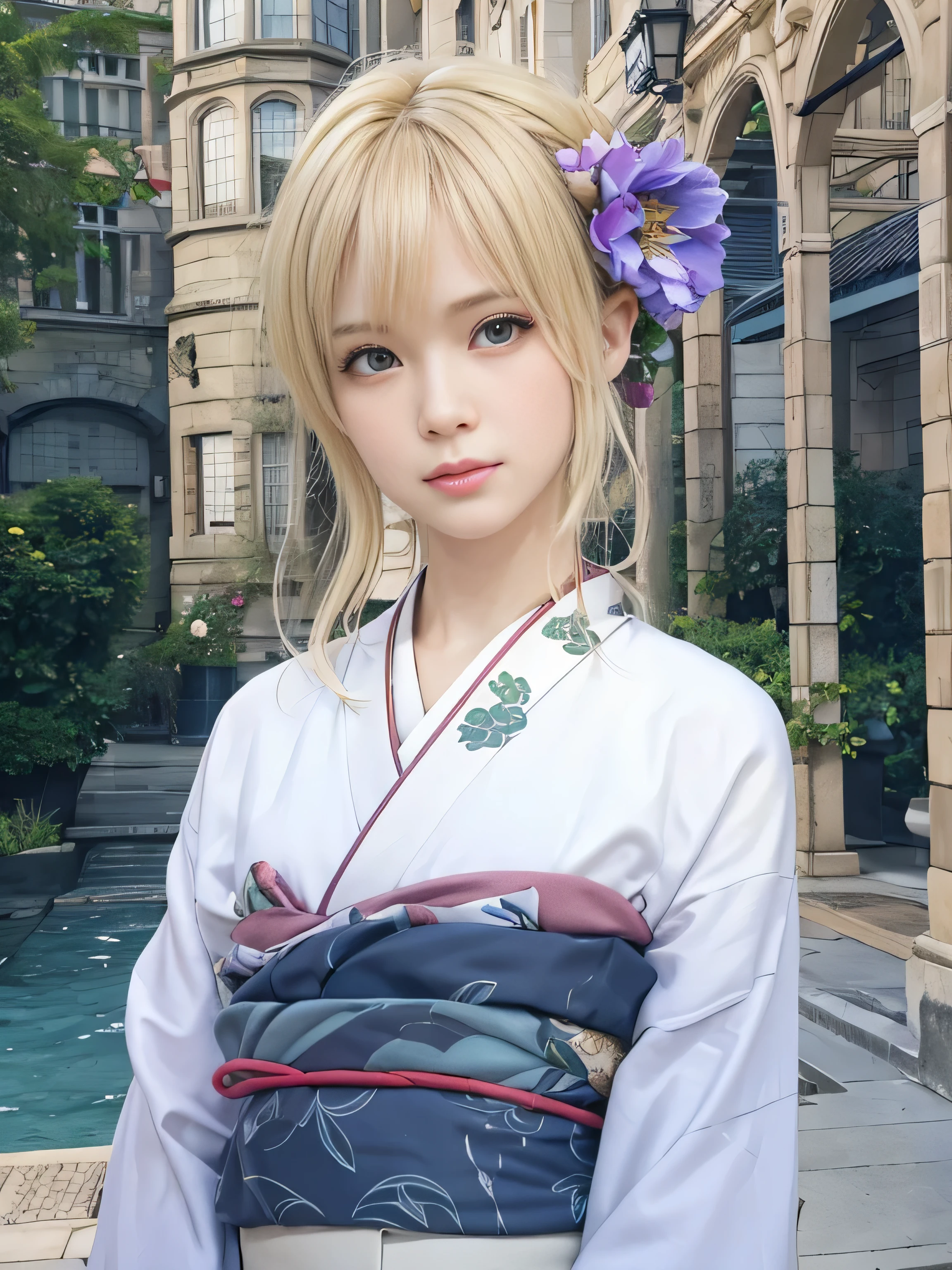 masterpiece, best quality, (realistic,photo-realistic:1.4), (RAW photo:1.2), extremely detailed CG unity 8k wallpaper, delicate and beautiful, amazing,finely detail, official art, absurdres, incredibly absurdres, huge filesize, ultra-detailed,extremely detailed eyes and face,light on face,little smile,(blonde hair:1.4),short hair,castle background,volet evergerden,(wearing kimono:1.4)