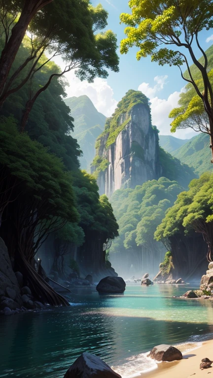 rainforest jungle, big rock mountains, beautiful sunshine