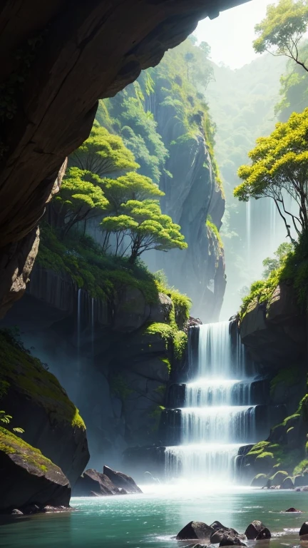 rainforest jungle, big rock mountains, beautiful sunshine
