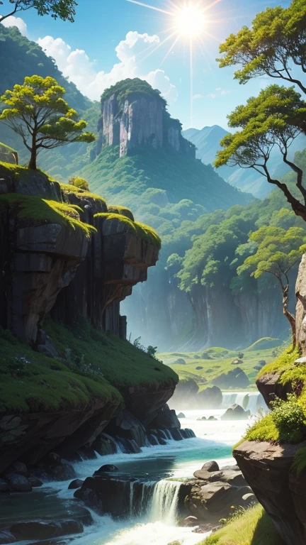 rainforest jungle, big rock mountains, beautiful sunshine