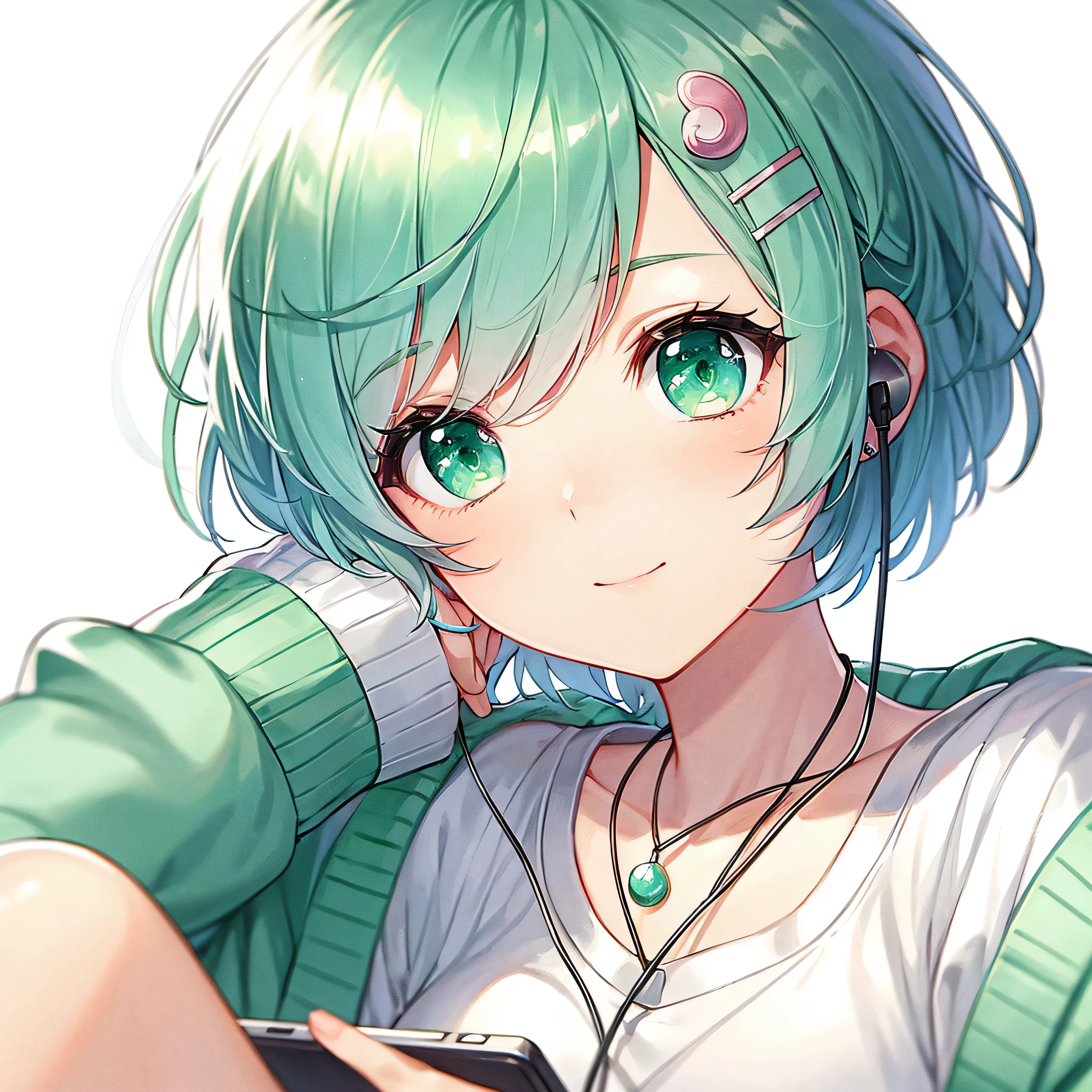 Mizuha's high quality 2D anime illustrations, A -yeld giwith short bright mint green hair., Style the front slightly upwards., and bright green eyes. She is relaxing while listening to her favorite music. Mizuha's expression is calm and satisfied., Reflects her pure and transparent personality. Her attire is casual and comfortable, In her favorite mint green and white colors, suitable for a relaxed atmosphere. She is wearing headphones and、probably has a music player, embodies her love of music and cheerful personality。, sociable nature.