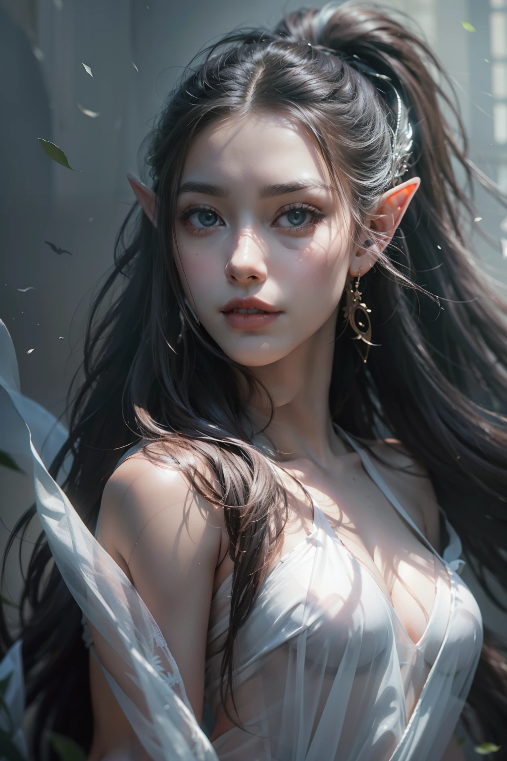 Beautiful painting of perfect female elf warrior, ponytail long hair, perfect features, (wearing transparency white dress), abstract beauty, near perfection, pure form, dynamic pose, ethereal background, (deep dark shadows), (strong cinematic lighting), (back lighting), intricate detail, 8k post-production, High resolution, super Detail, trending on ArtStation, sharp focus, depth of field f/1.8, studio photos, (((looking at camera))),long legs