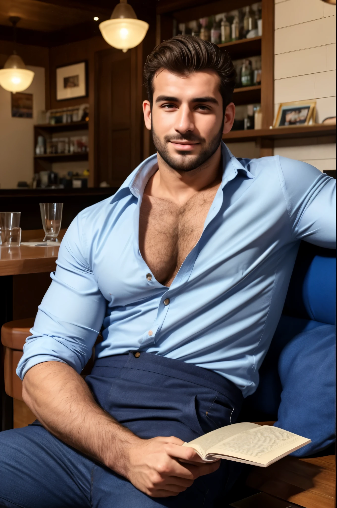 arafed man with a short beard and a shirt on posing for a picture, raphael lecoste, george doutsiopoulos, he got a big french musctache, stefano brunesci, sebastian luca, mid-shot of a hunky, alessandro bavari, riccardo federici, handsome male, marco bucci, diego fazio, simone graci, handsome man,he is in a caffe., reading book