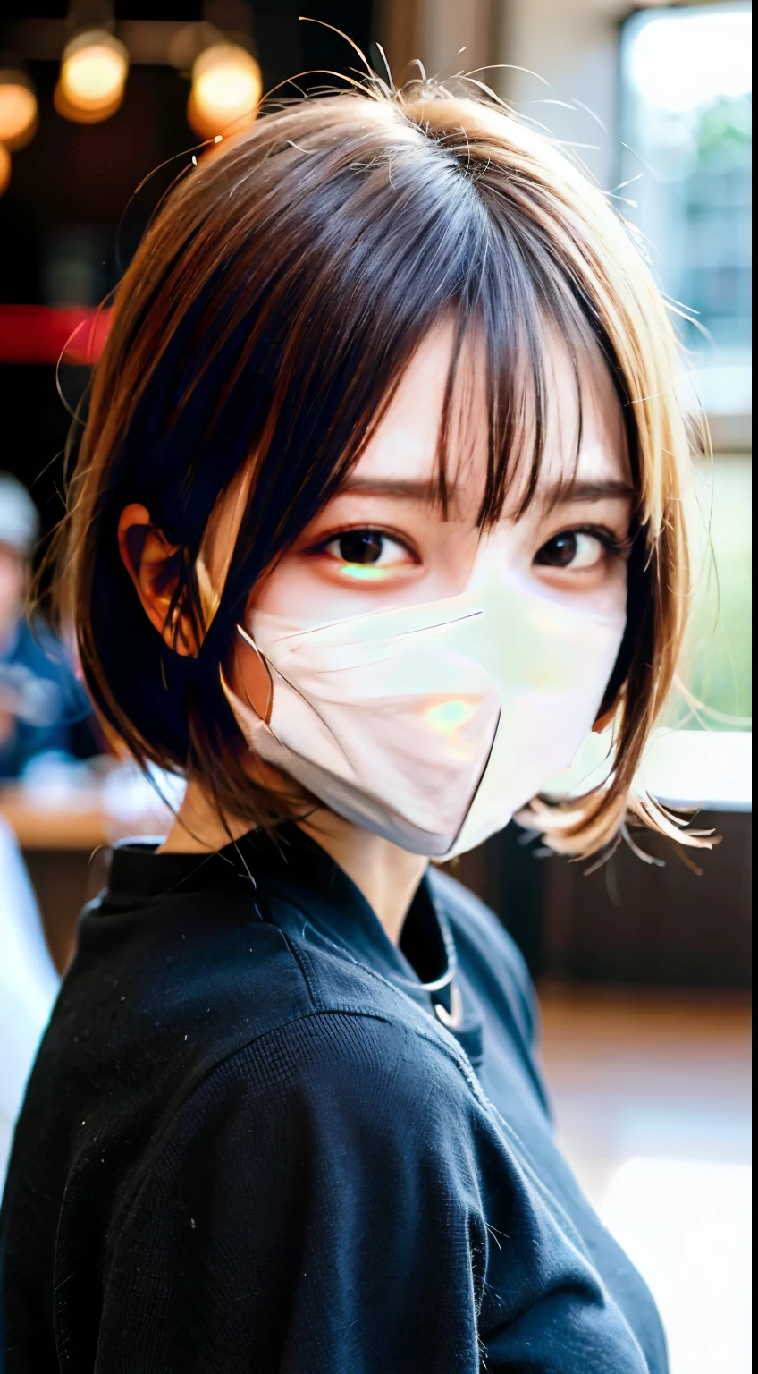 (8K, RAW photo:1.2),detailed face and eyes,最high quality, Super high resolution, Wearing a mask，very detailed ,intricate details ,Mask Beauty，pretty girl , soft movie-like light, hyper detail,sharp focus, high quality,(bob cut),NSFW, smile