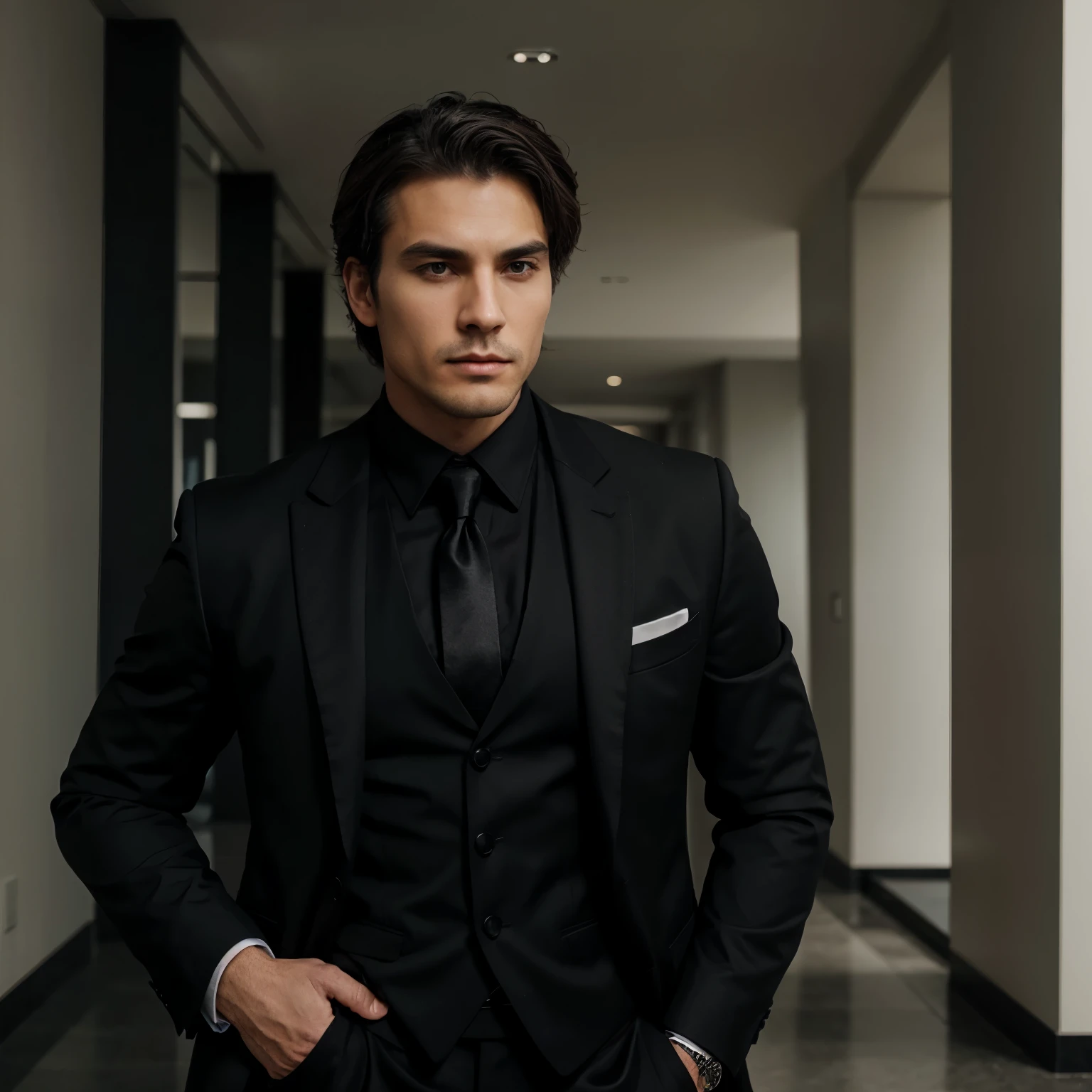 Masculine man wearing a black suit