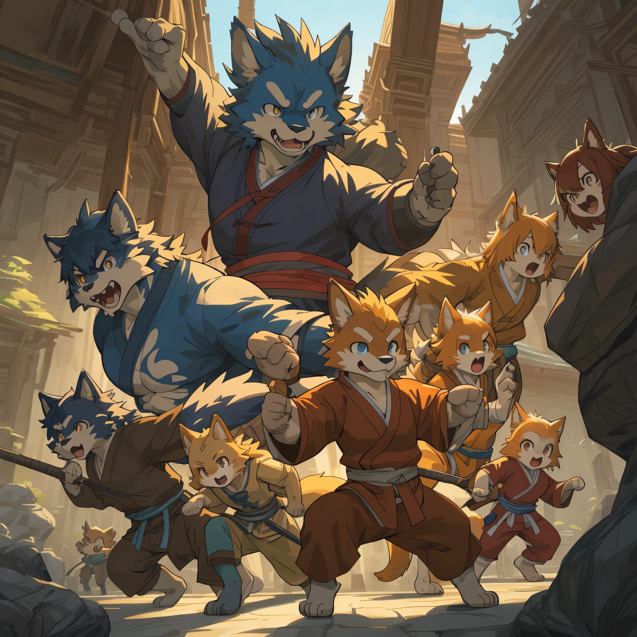 dynamic angle, top quality, best quality, High-quality illustrations, masterpiece, super high resolution, detailed background, detailed background, kung fu film, action, group shot:0.1, 6+boys, 6+girls, absurdres(highly detailed beautiful face and eyes)perfect anatomy, expression, good lighting, cinematic shadow(kemono, furry anthro),