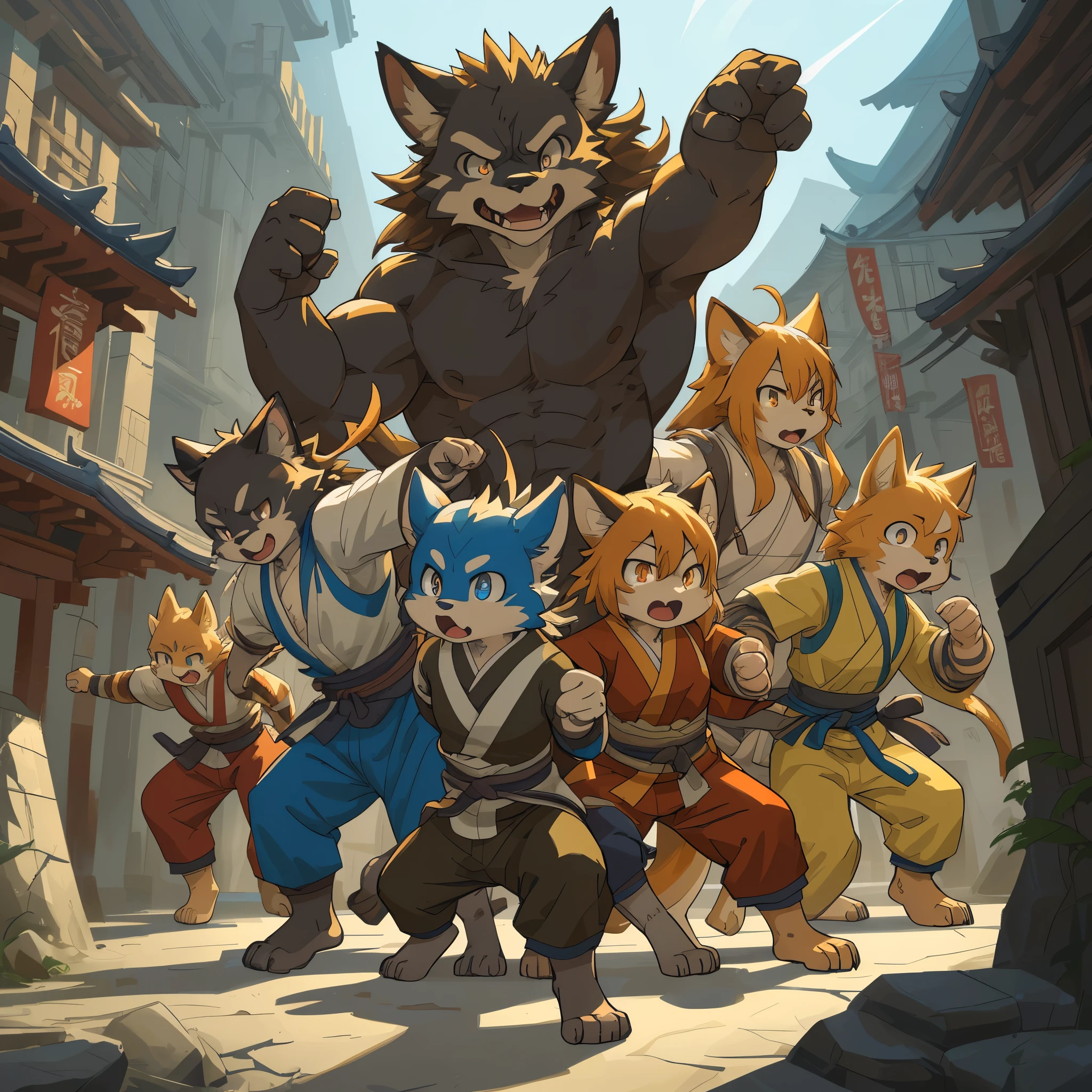 dynamic angle, top quality, best quality, High-quality illustrations, masterpiece, super high resolution, detailed background, detailed background, kung fu film, action, group shot:0.1, 6+boys, 6+girls, absurdres(highly detailed beautiful face and eyes)perfect anatomy, expression, good lighting, cinematic shadow(kemono, furry anthro),